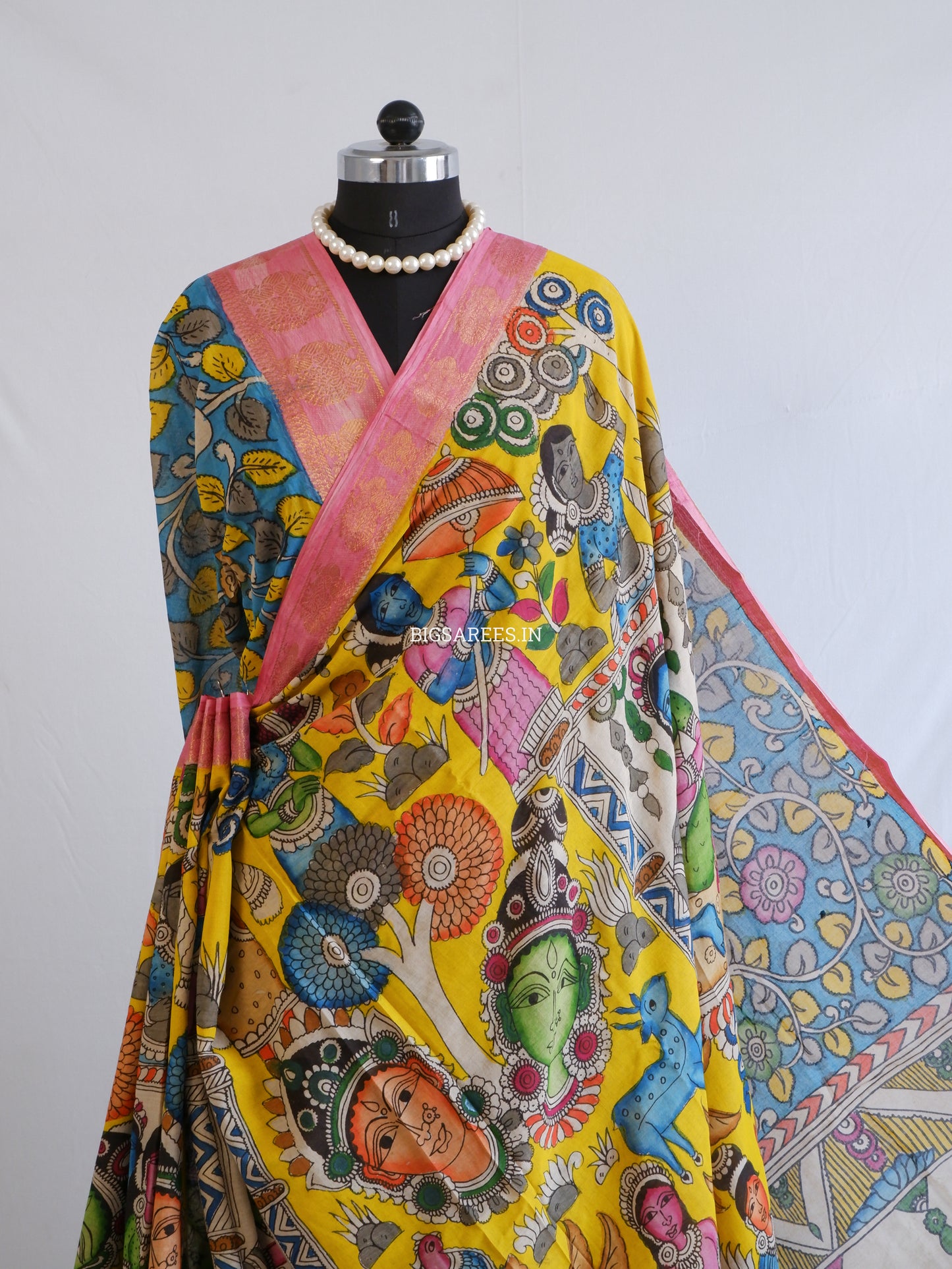 Pen Kalamkari Cotton Saree with Running Blouse | Hand-Painted | Yellow