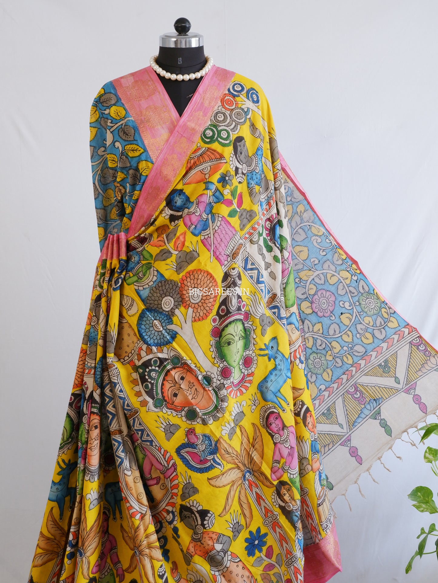 Pen Kalamkari Cotton Saree with Running Blouse | Hand-Painted | Yellow