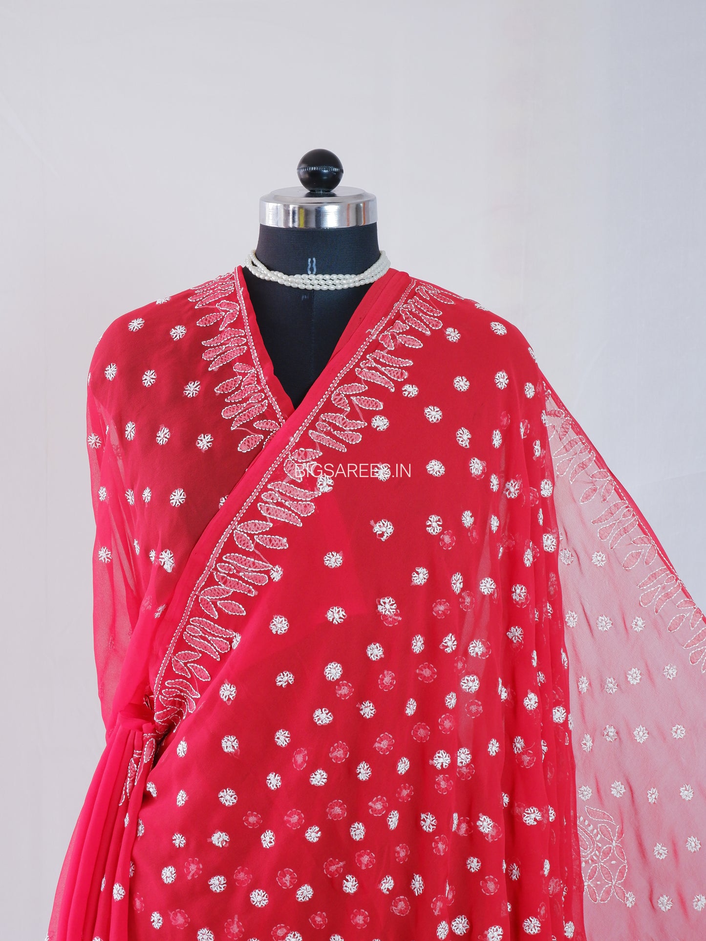 Chikankari Hand Embroidered Saree | Semi Georgette | Red
