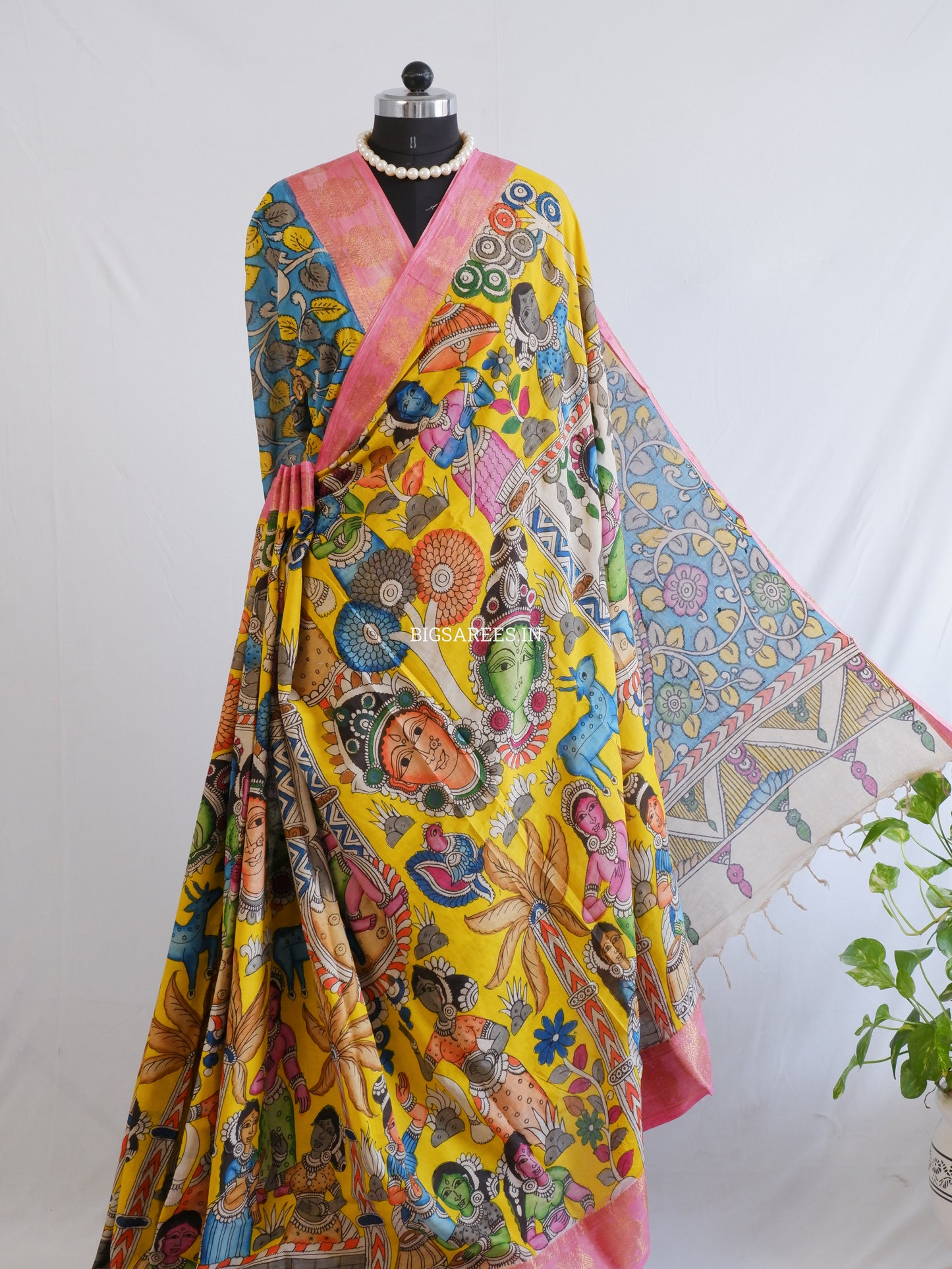 Pen Kalamkari Cotton Saree with Running Blouse | Hand-Painted | Yellow