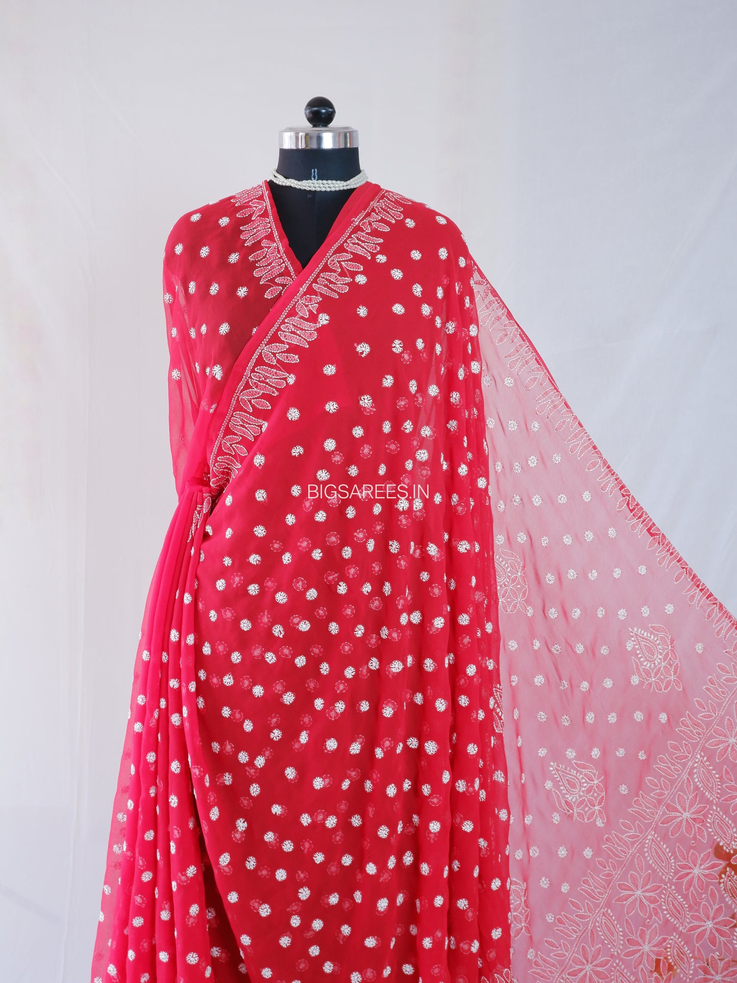 Chikankari Hand Embroidered Saree | Semi Georgette | Red