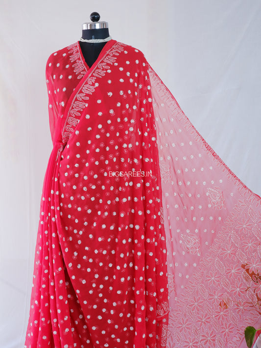 Chikankari Hand Embroidered Saree | Semi Georgette | Red