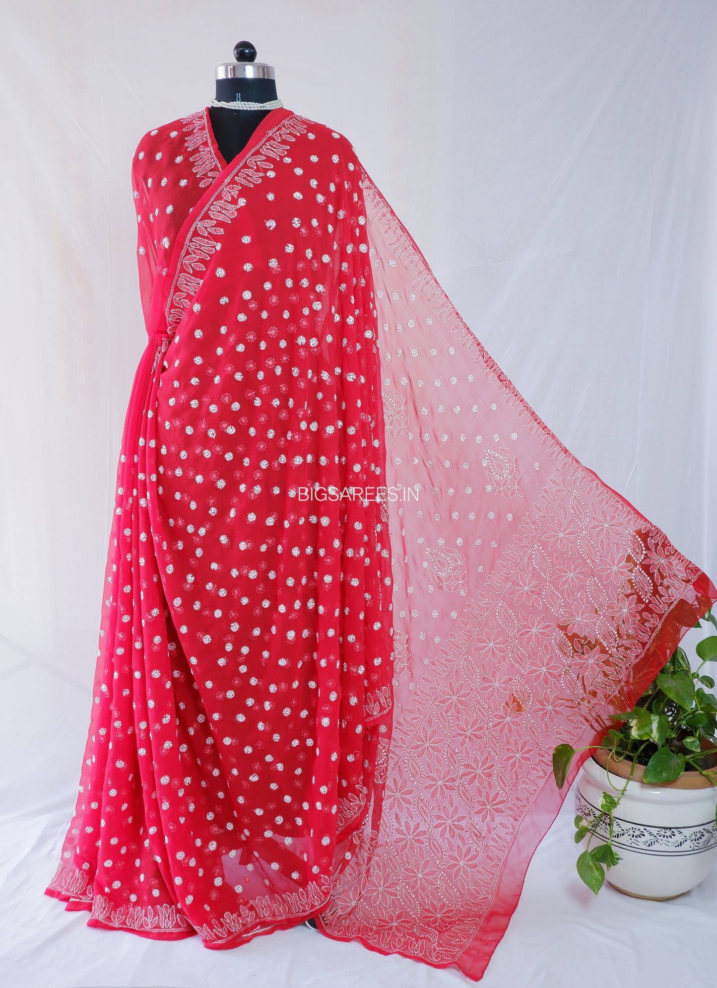 Chikankari Hand Embroidered Saree | Semi Georgette | Red