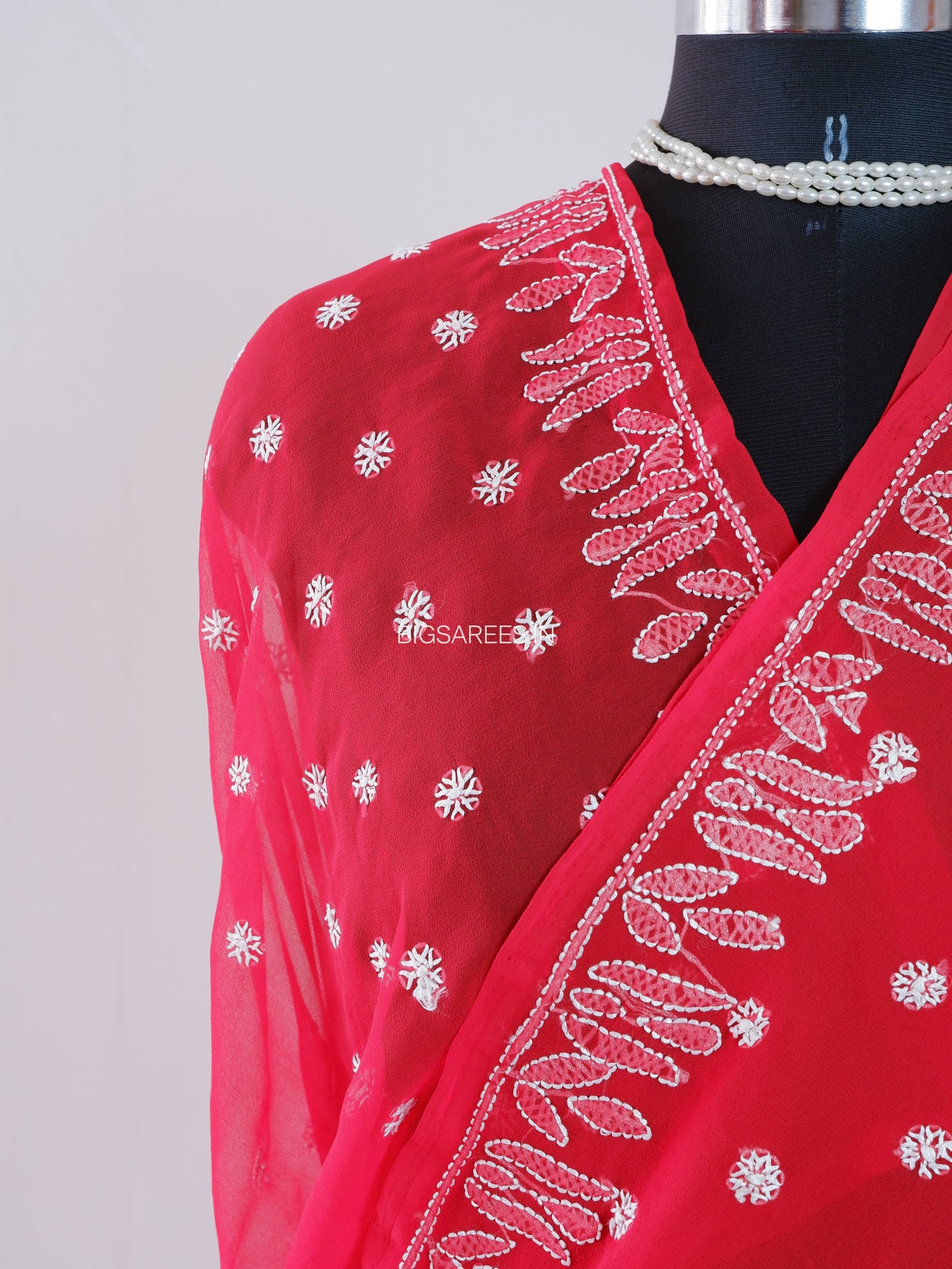 Chikankari Hand Embroidered Saree | Semi Georgette | Red