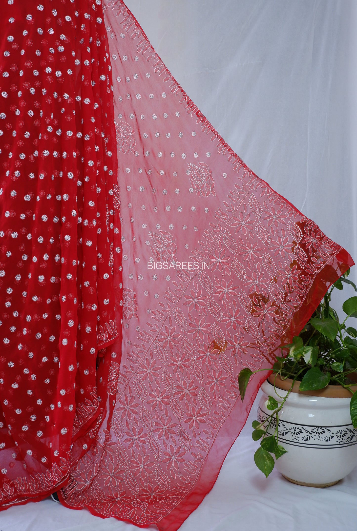 Chikankari Hand Embroidered Saree | Semi Georgette | Red