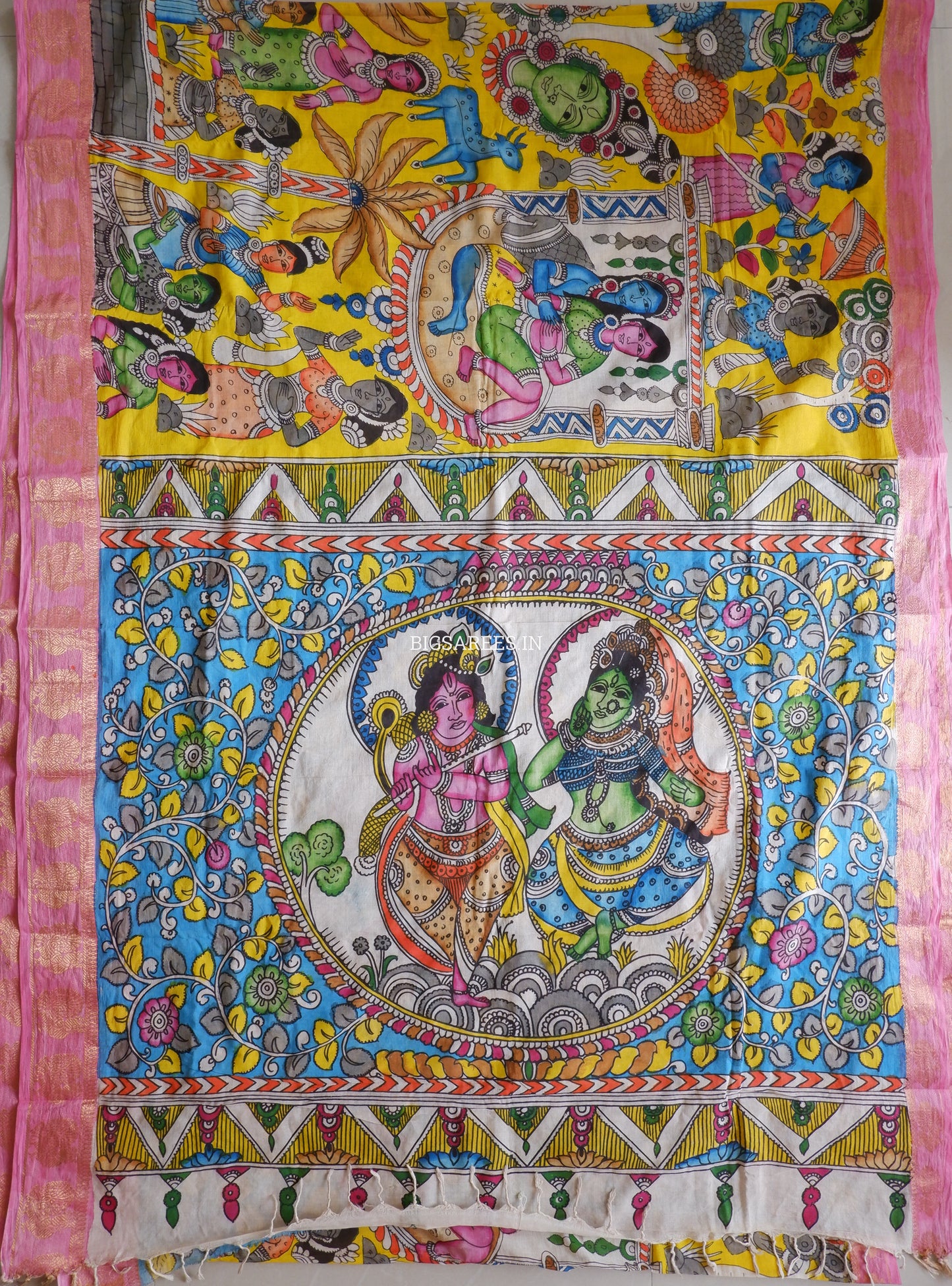 Pen Kalamkari Cotton Saree with Running Blouse | Hand-Painted | Yellow