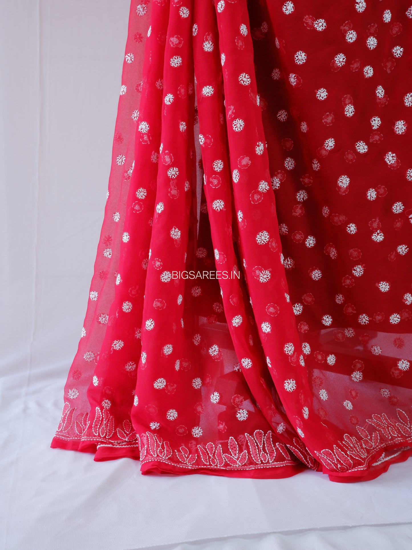 Chikankari Hand Embroidered Saree | Semi Georgette | Red