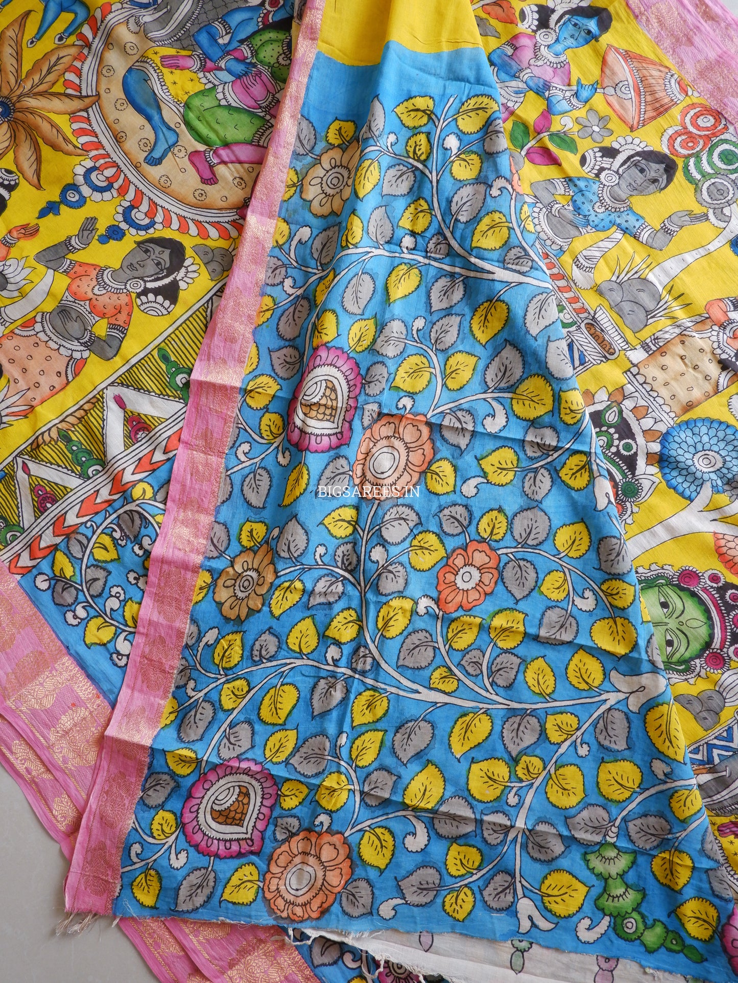 Pen Kalamkari Cotton Saree with Running Blouse | Hand-Painted | Yellow