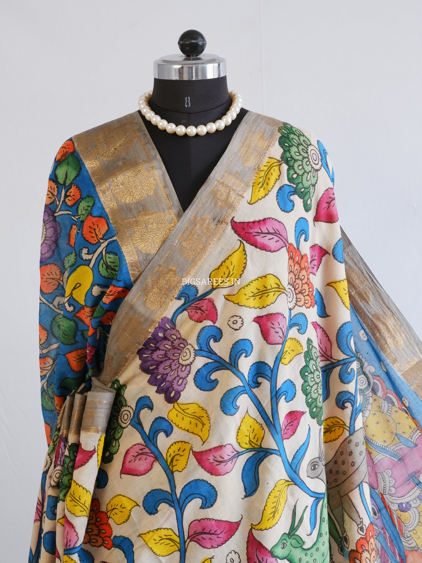 Pen Kalamkari Cotton Saree with Running Blouse | Hand-Painted | White