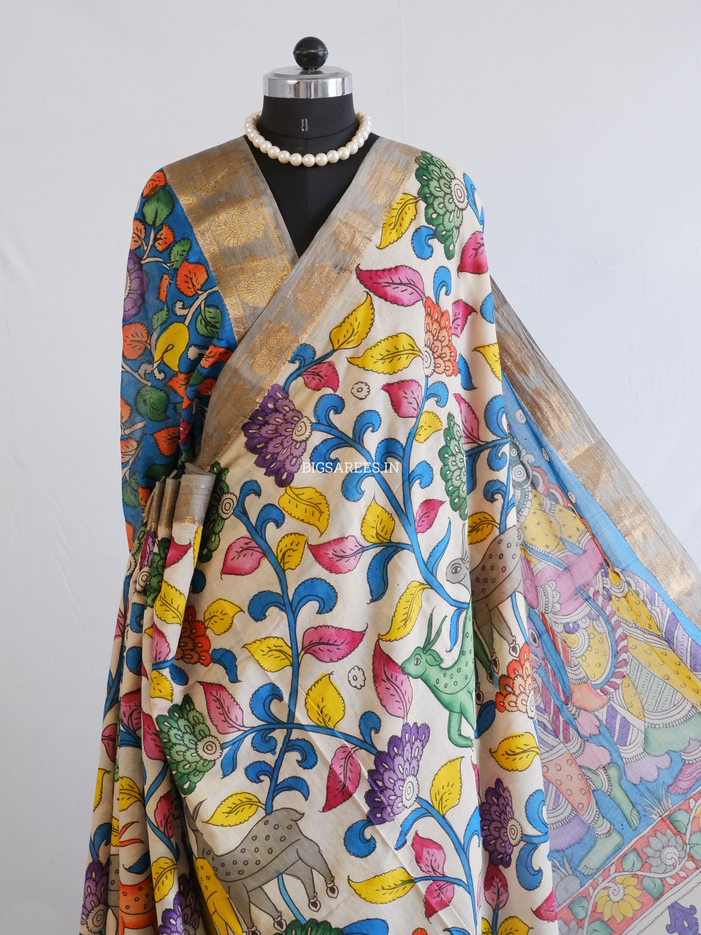 Pen Kalamkari Cotton Saree with Running Blouse | Hand-Painted | White