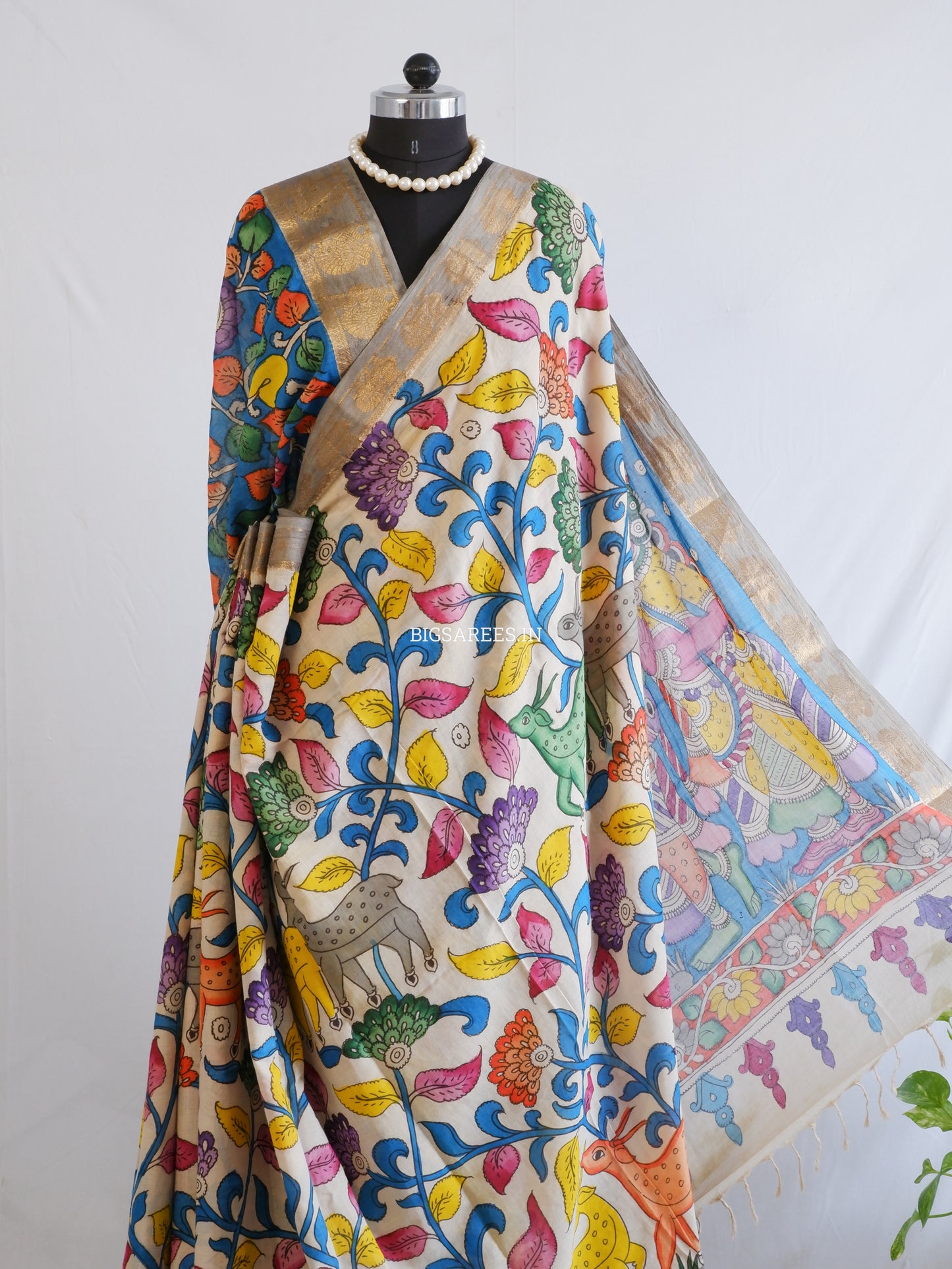 Pen Kalamkari Cotton Saree with Running Blouse | Hand-Painted | White