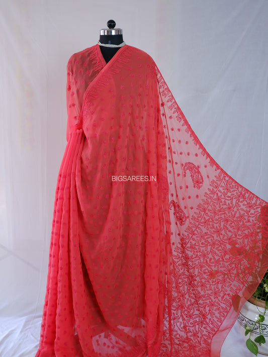 Chikankari Hand Embroidered Saree | Semi Georgette | Soft Red