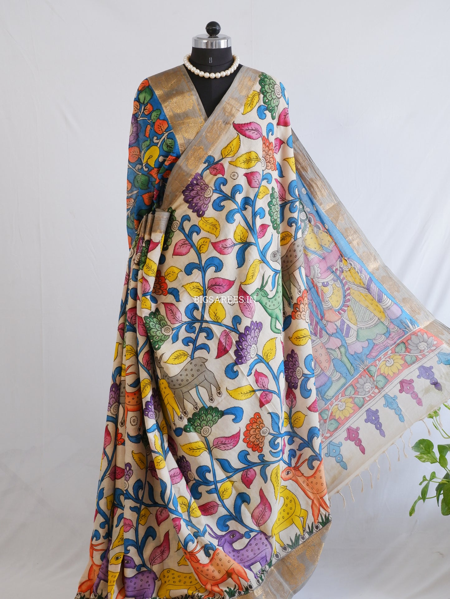 Pen Kalamkari Cotton Saree with Running Blouse | Hand-Painted | White