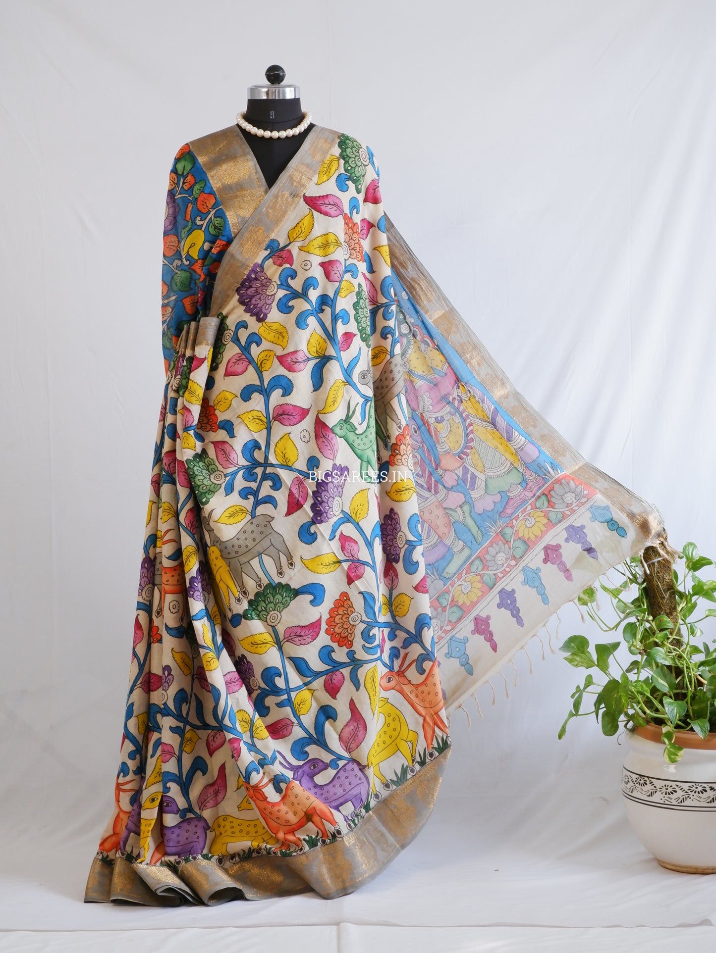 Pen Kalamkari Cotton Saree with Running Blouse | Hand-Painted | White