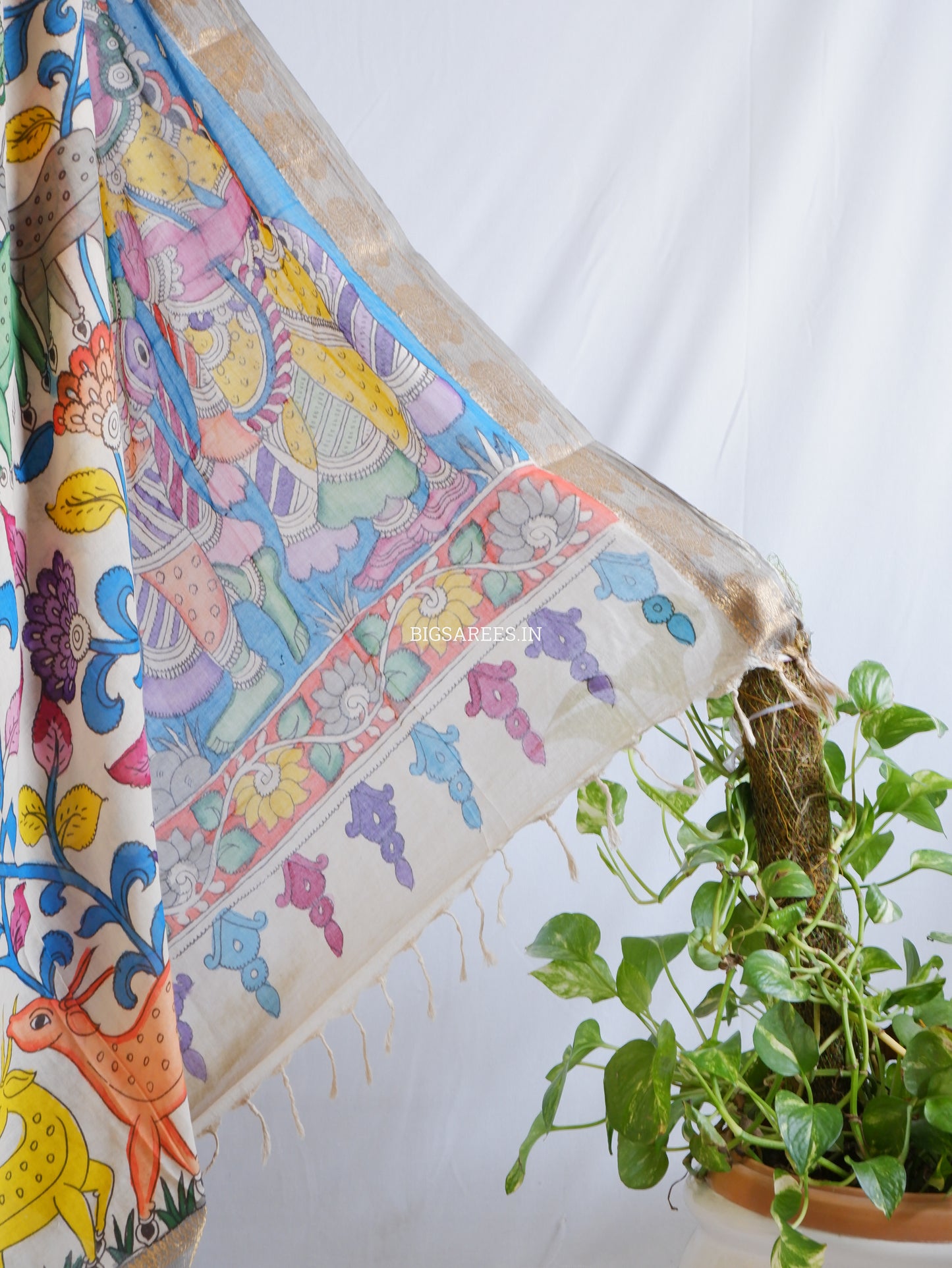 Pen Kalamkari Cotton Saree with Running Blouse | Hand-Painted | White