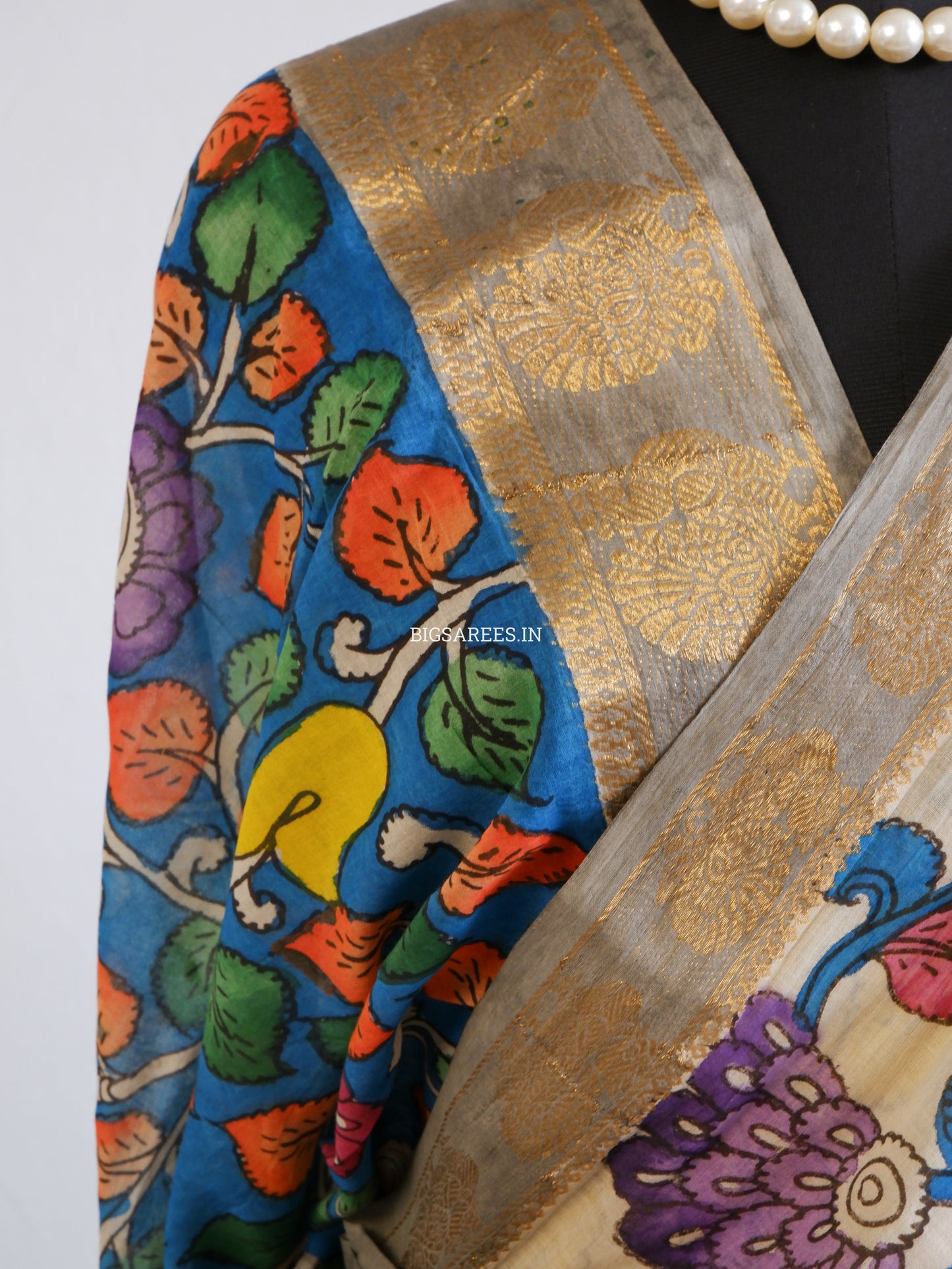 Pen Kalamkari Cotton Saree with Running Blouse | Hand-Painted | White
