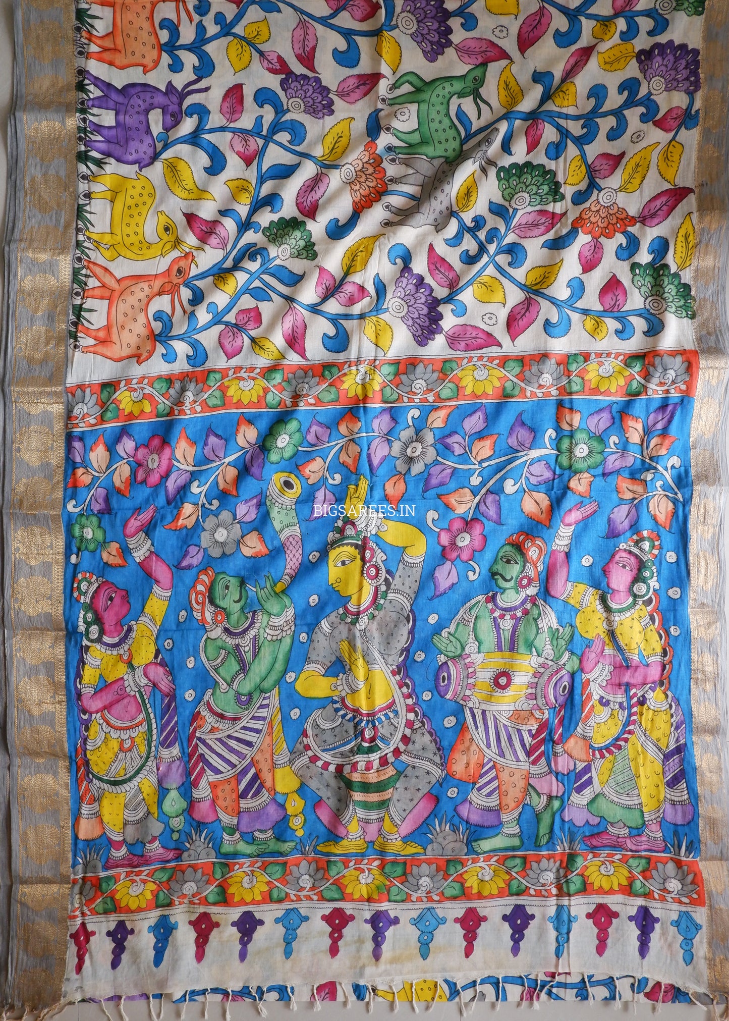 Pen Kalamkari Cotton Saree with Running Blouse | Hand-Painted | White