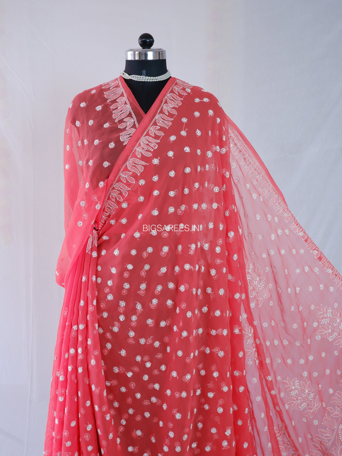 Chikankari Hand Embroidered Saree | Semi Georgette | Red