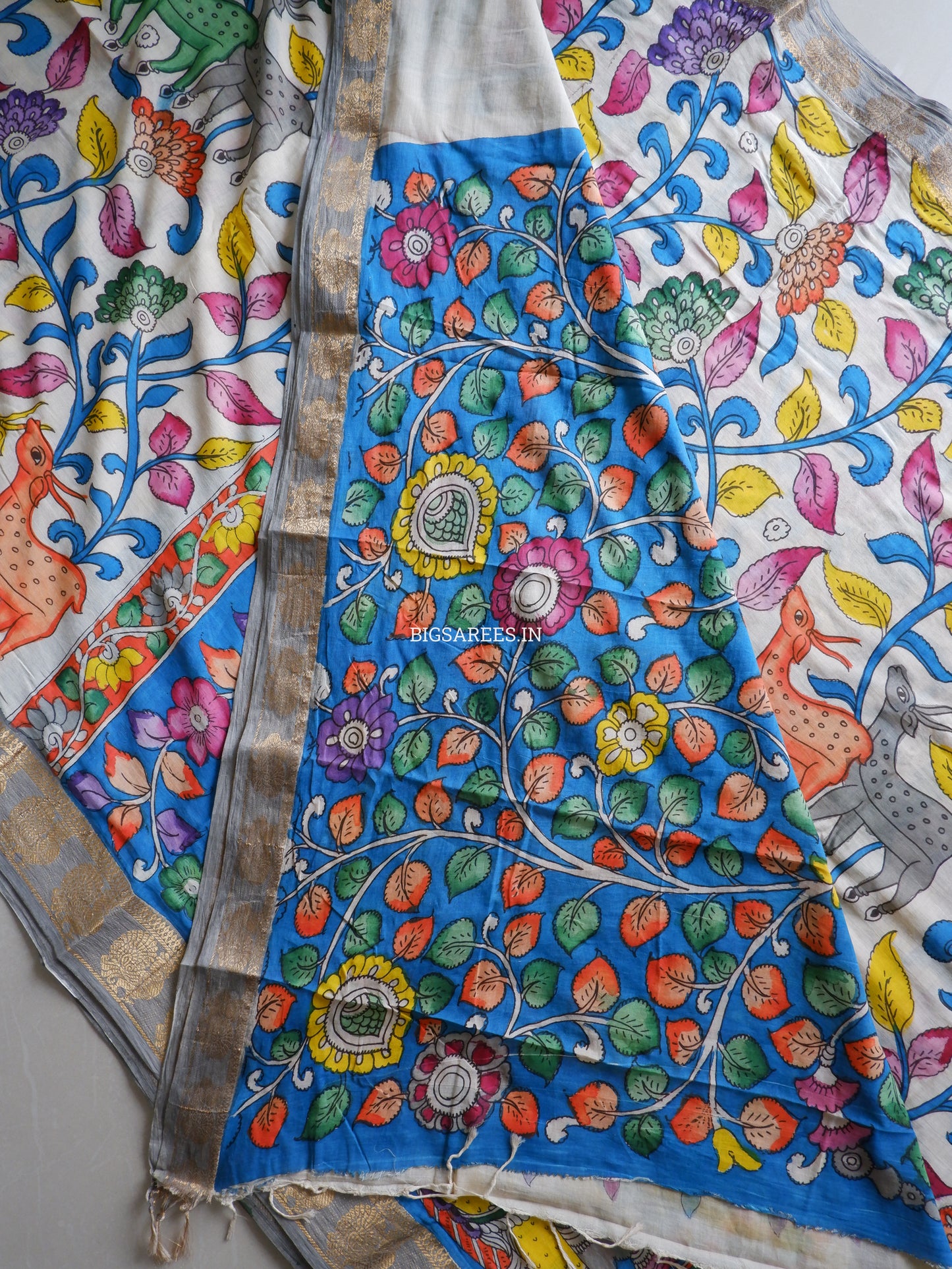 Pen Kalamkari Cotton Saree with Running Blouse | Hand-Painted | White