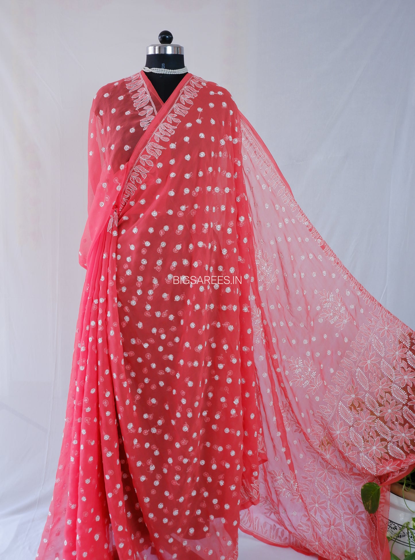 Chikankari Hand Embroidered Saree | Semi Georgette | Red