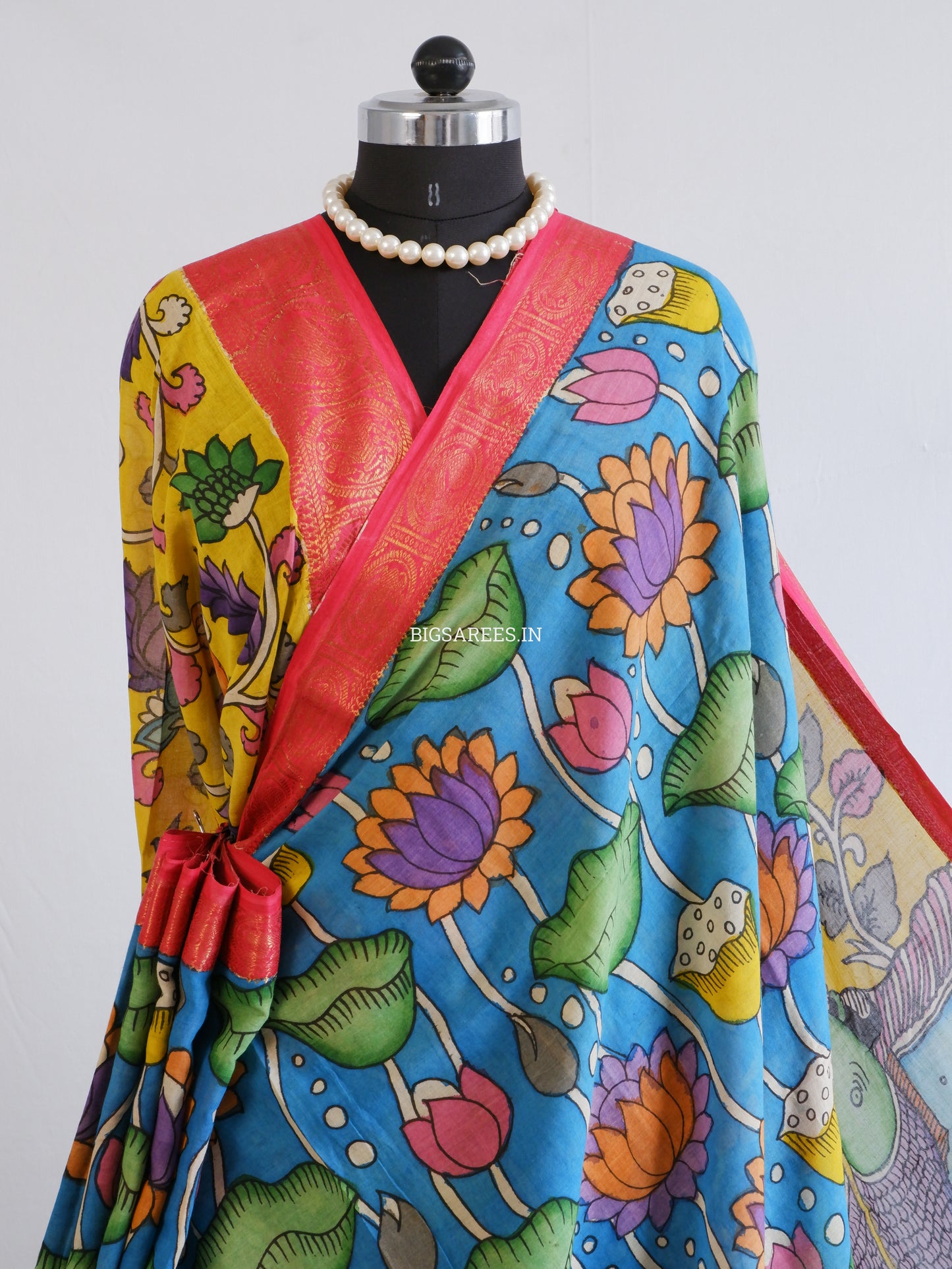 Pen Kalamkari Cotton Saree with Running Blouse | Hand-Painted | Blue