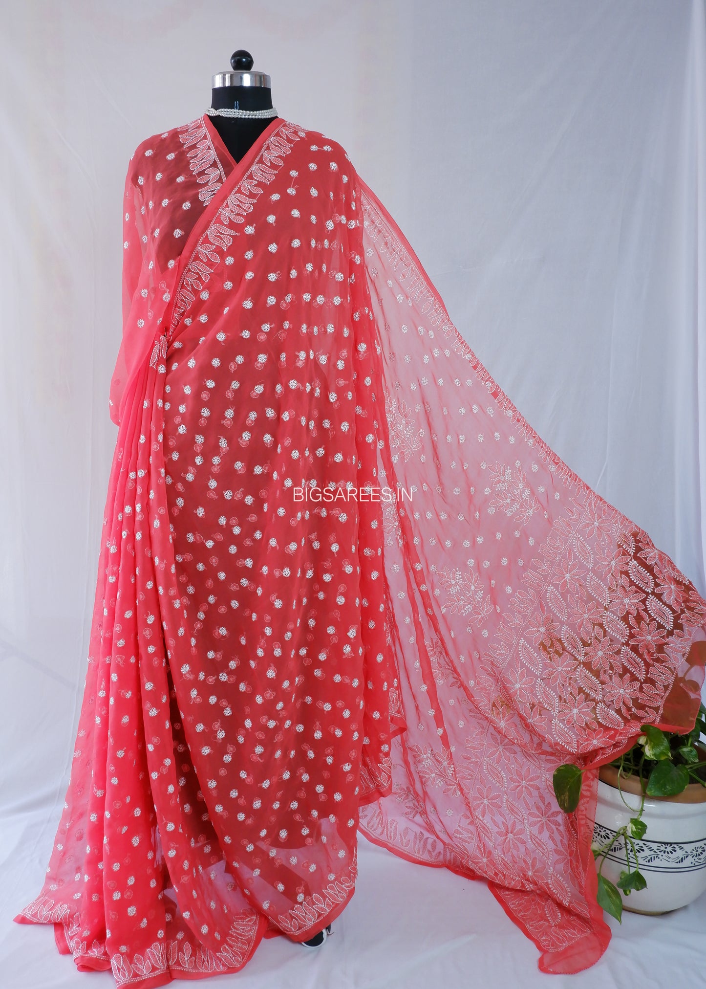 Chikankari Hand Embroidered Saree | Semi Georgette | Red