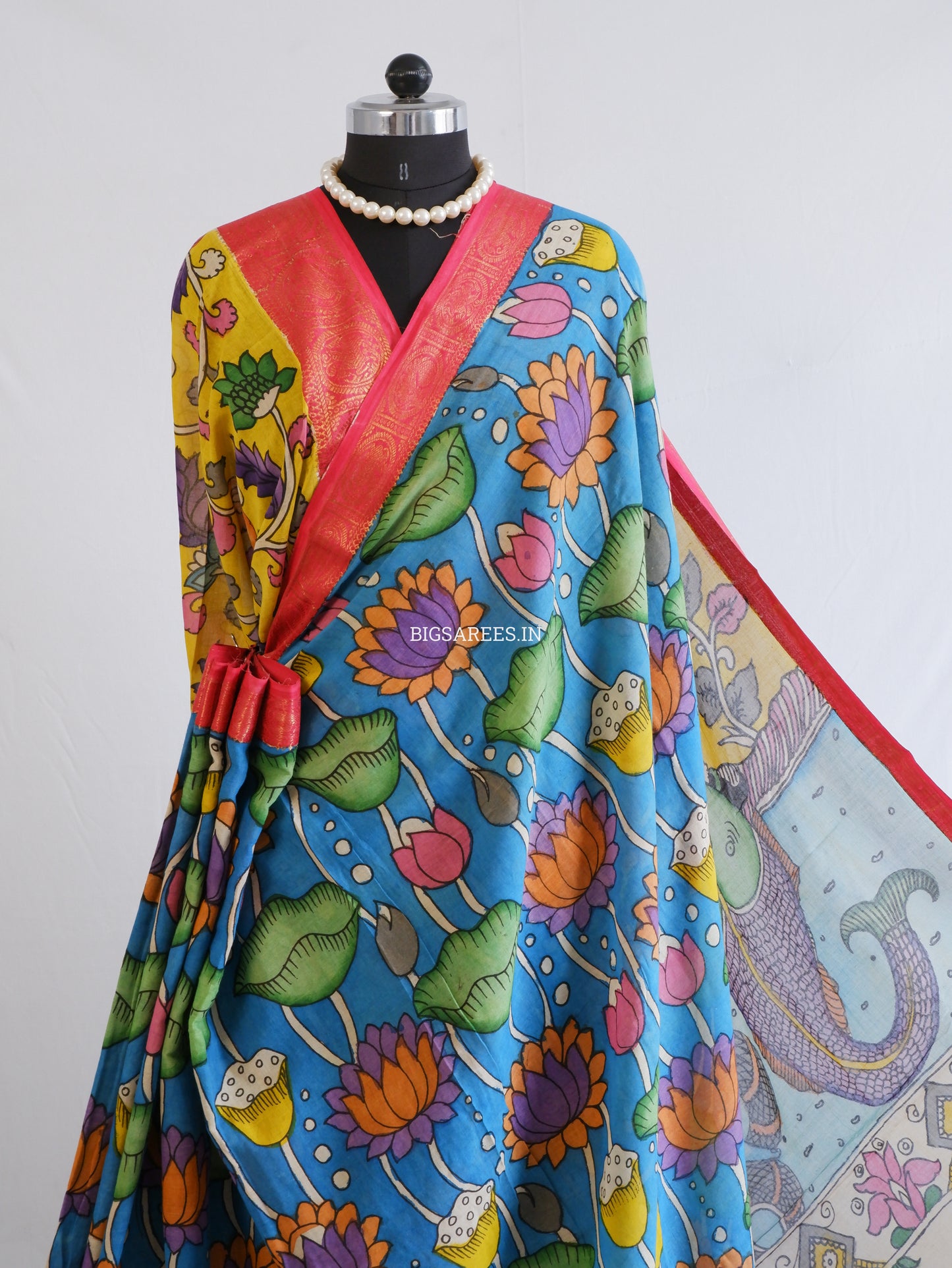 Pen Kalamkari Cotton Saree with Running Blouse | Hand-Painted | Blue