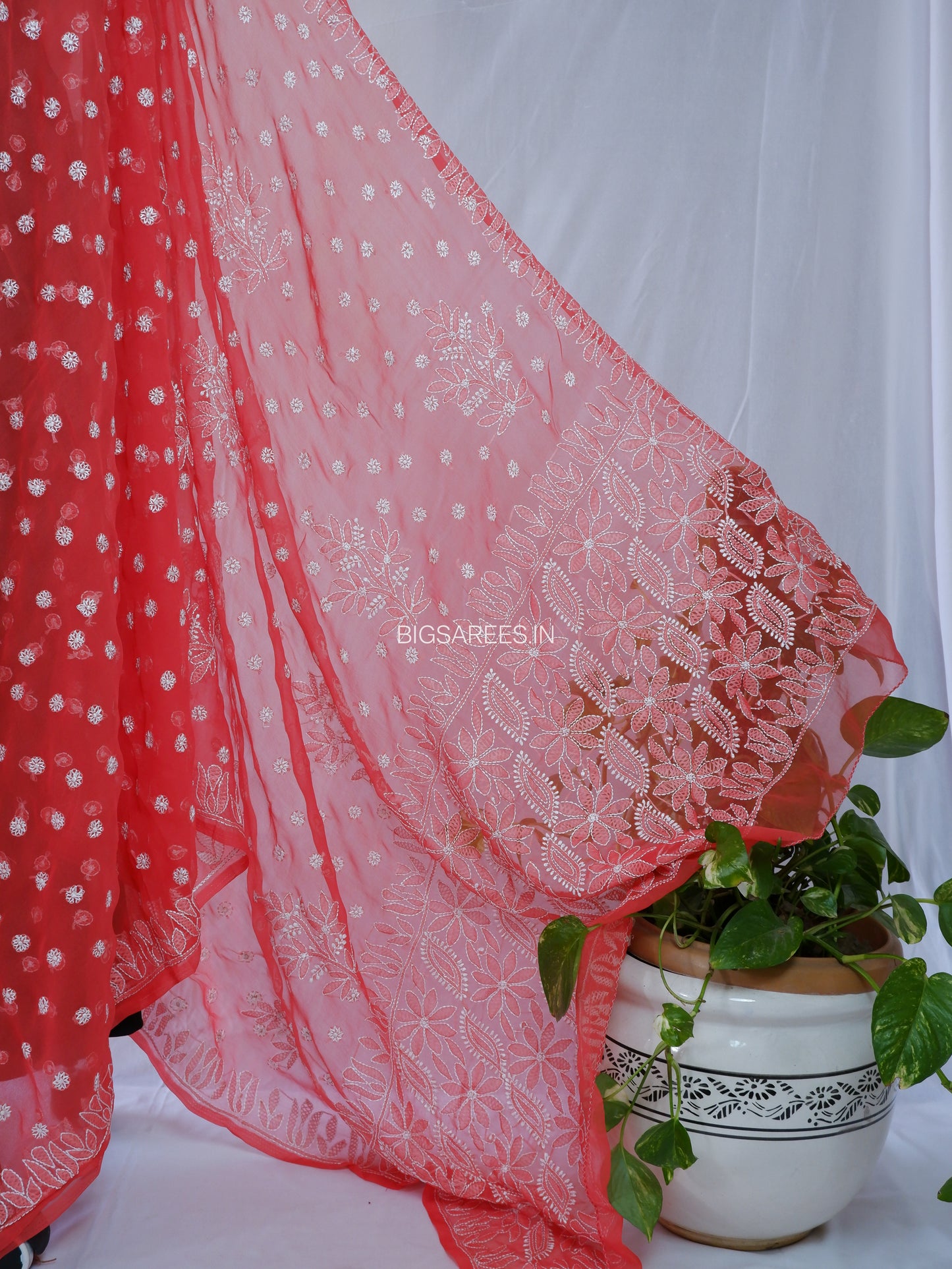 Chikankari Hand Embroidered Saree | Semi Georgette | Red