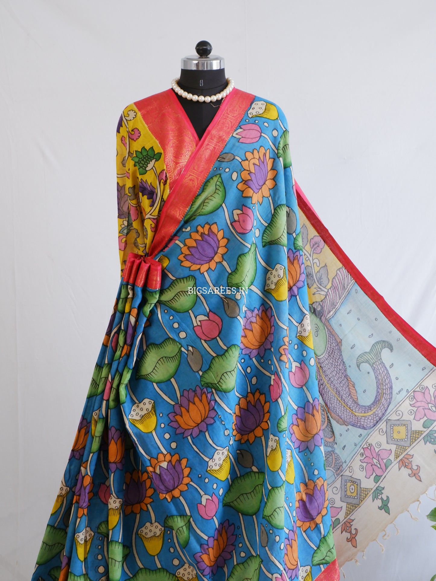 Pen Kalamkari Cotton Saree with Running Blouse | Hand-Painted | Blue