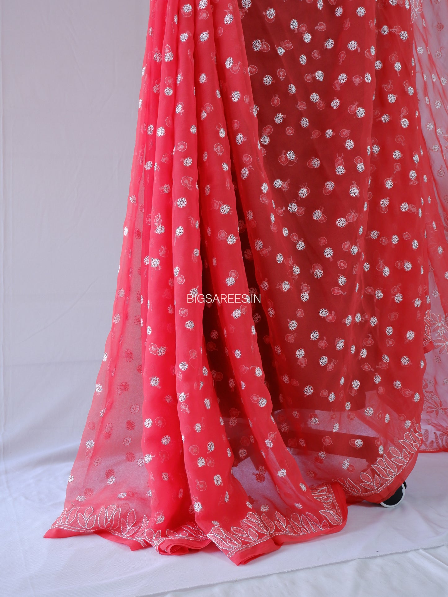 Chikankari Hand Embroidered Saree | Semi Georgette | Red