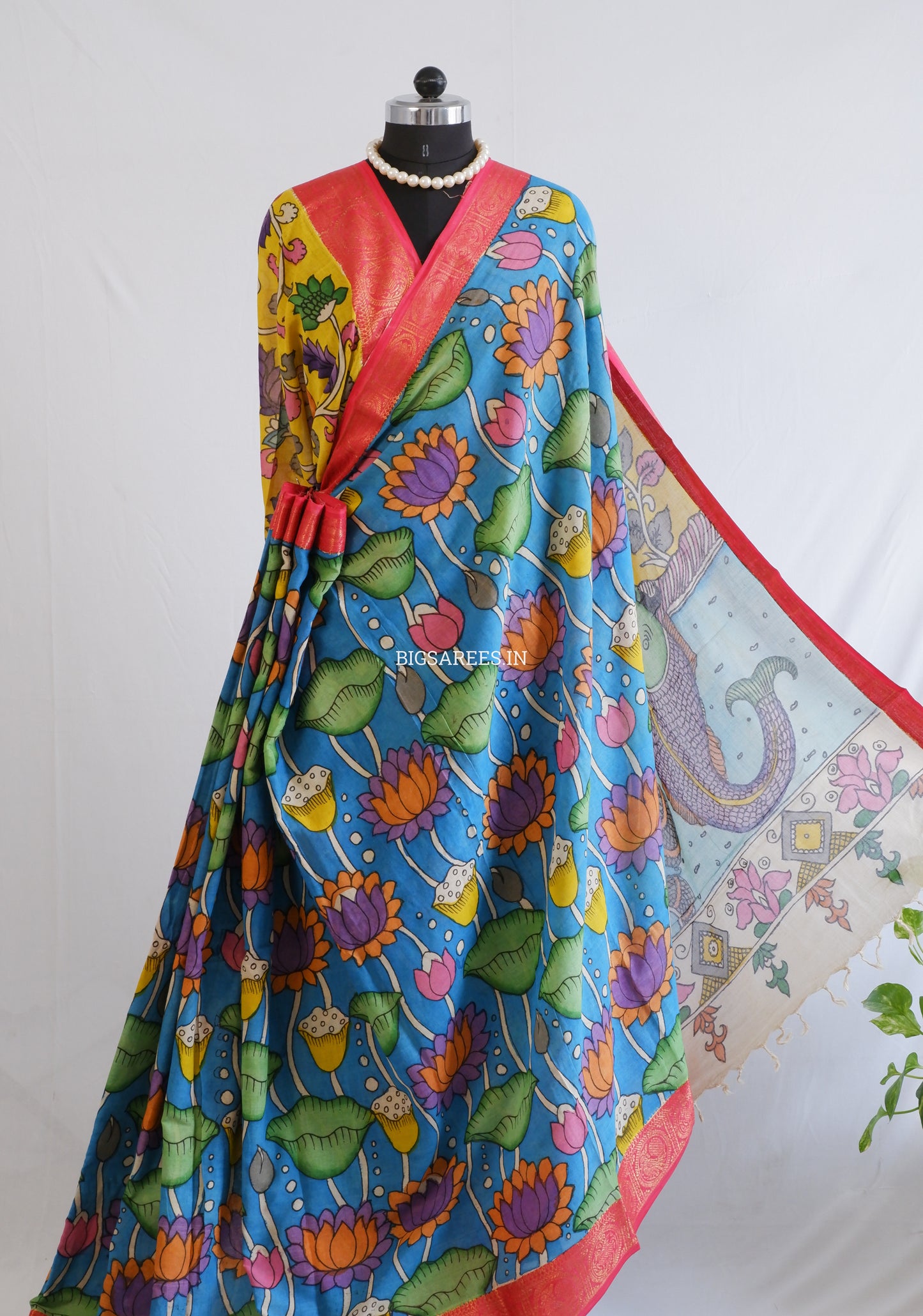 Pen Kalamkari Cotton Saree with Running Blouse | Hand-Painted | Blue