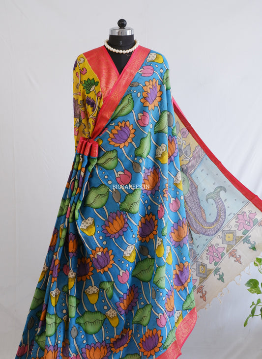 Pen Kalamkari Cotton Saree with Running Blouse | Hand-Painted | Blue
