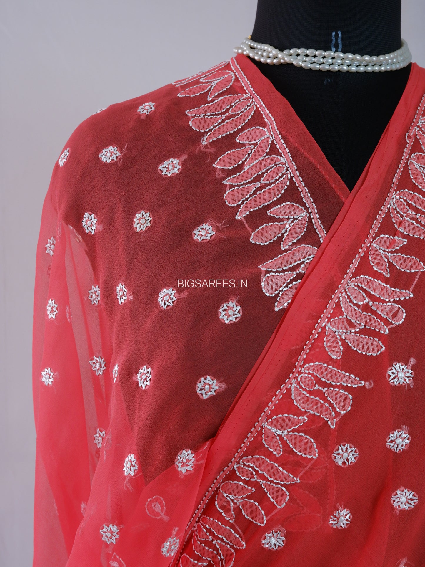 Chikankari Hand Embroidered Saree | Semi Georgette | Red
