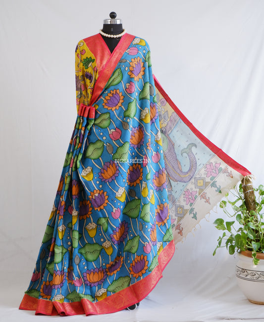 Pen Kalamkari Cotton Saree with Running Blouse | Hand-Painted | Blue