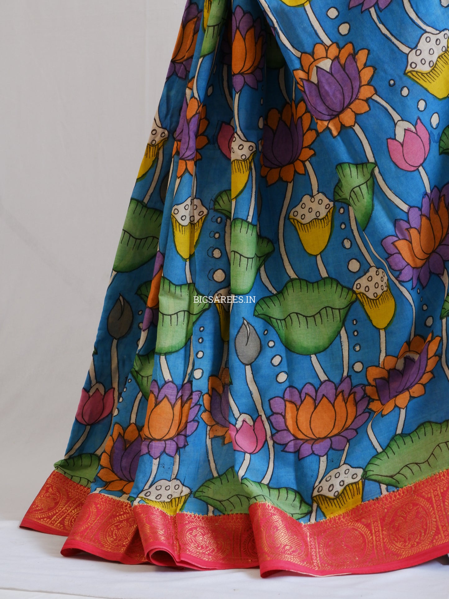 Pen Kalamkari Cotton Saree with Running Blouse | Hand-Painted | Blue