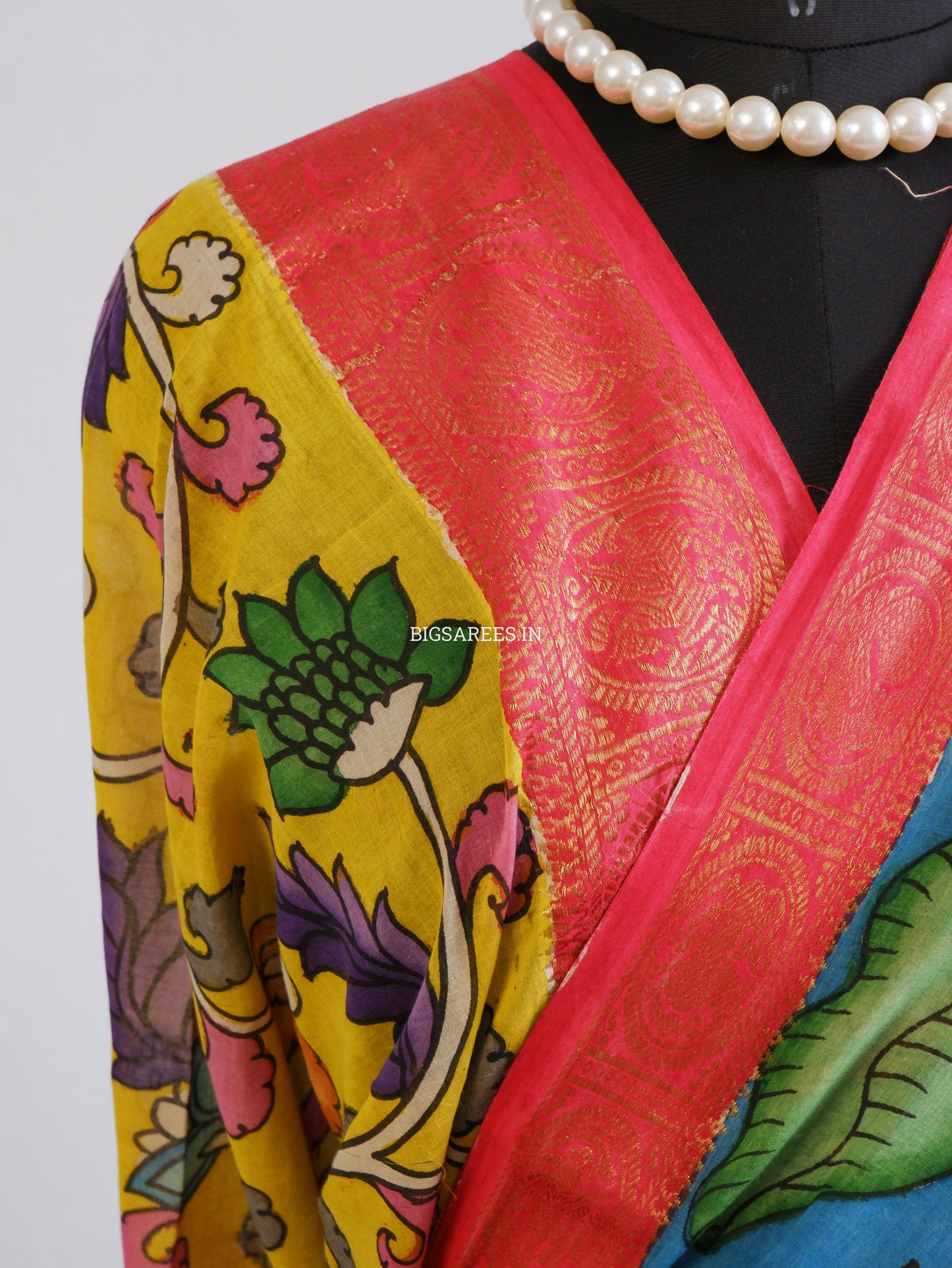 Pen Kalamkari Cotton Saree with Running Blouse | Hand-Painted | Blue