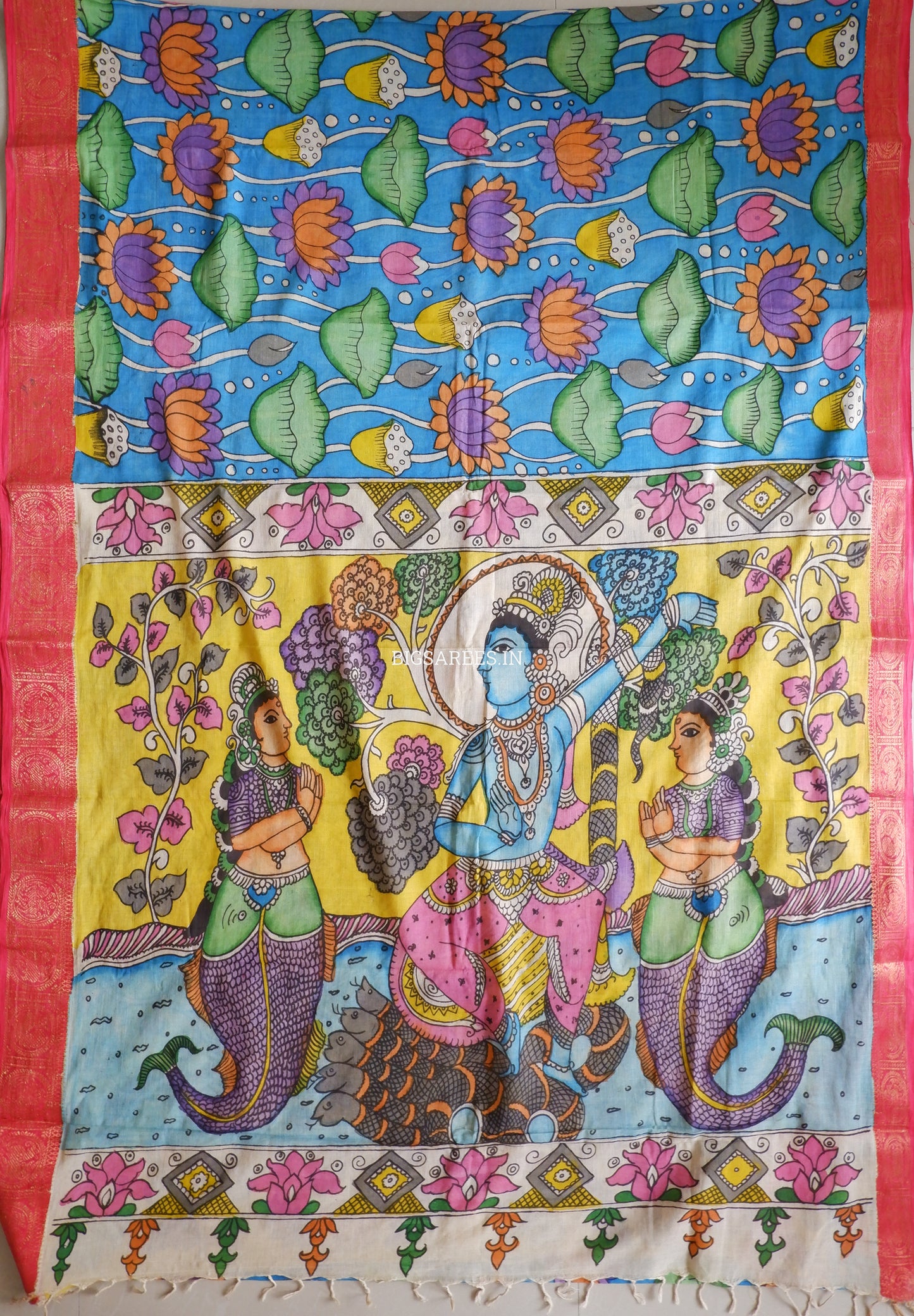 Pen Kalamkari Cotton Saree with Running Blouse | Hand-Painted | Blue