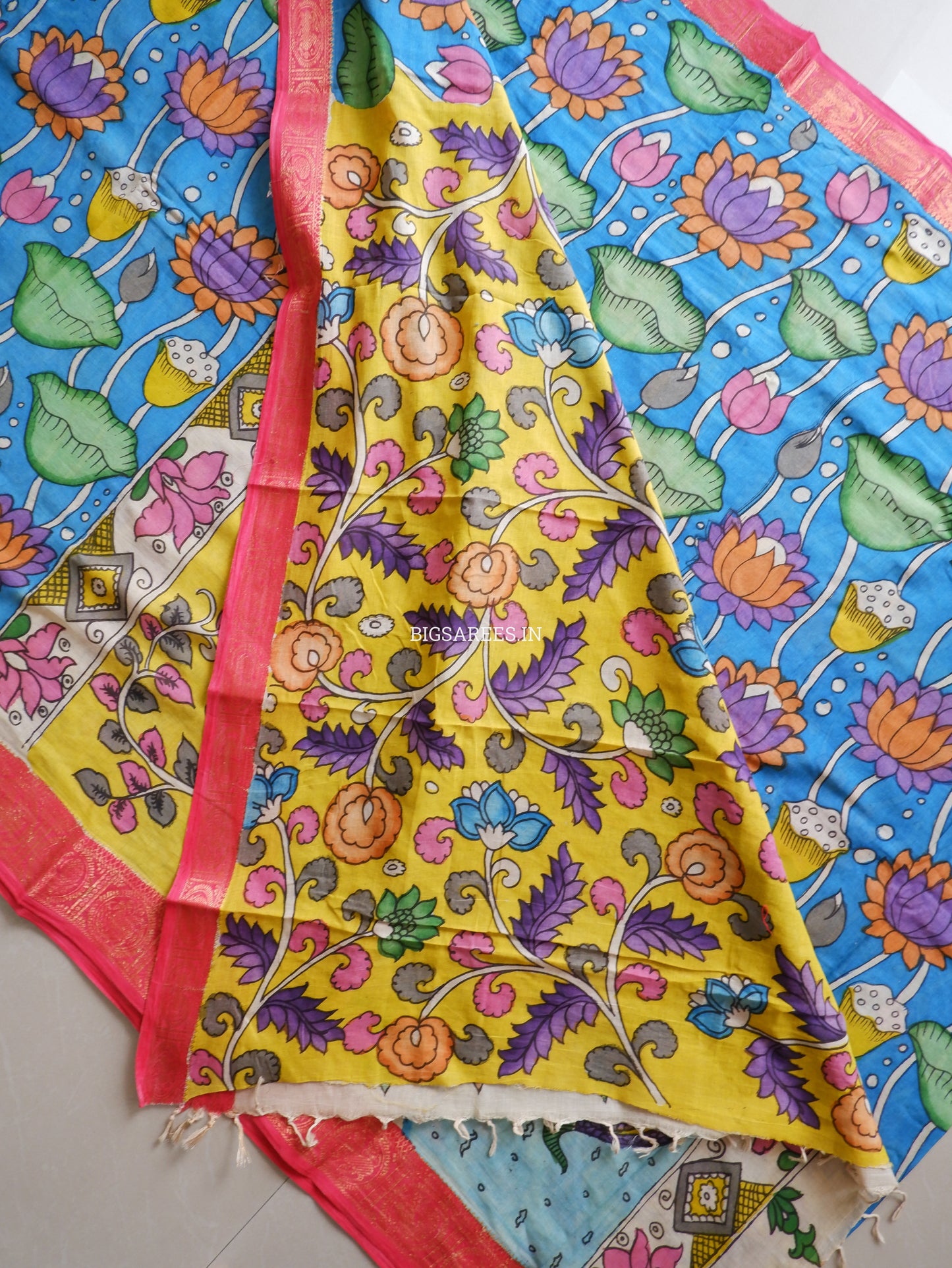 Pen Kalamkari Cotton Saree with Running Blouse | Hand-Painted | Blue