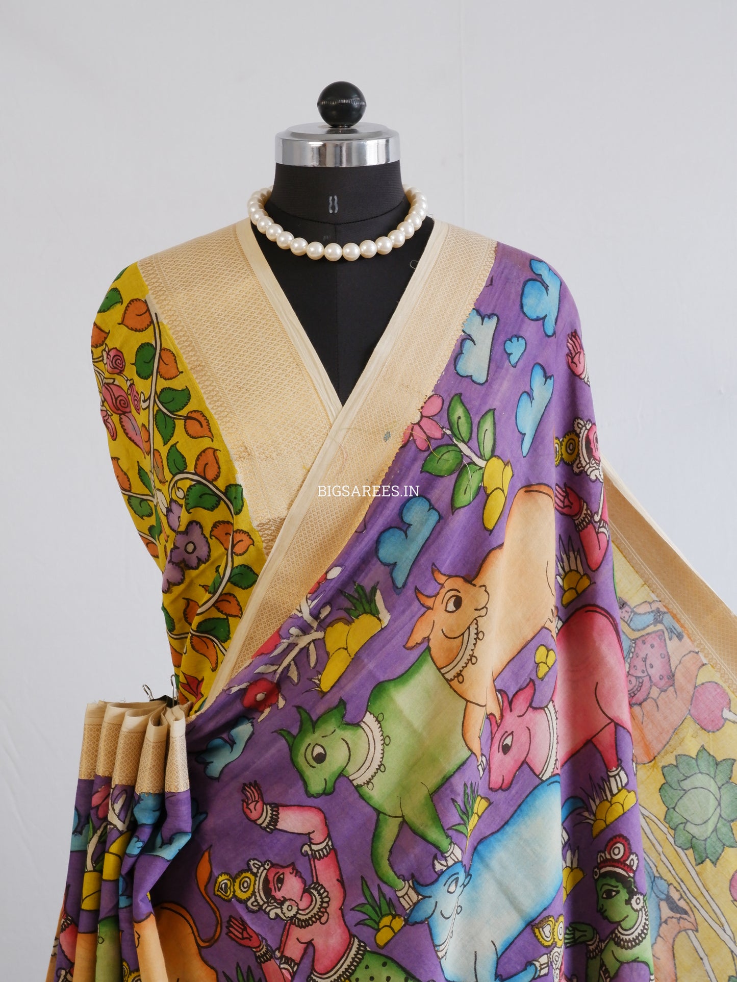Pen Kalamkari Cotton Saree with Running Blouse | Hand-Painted | Violet