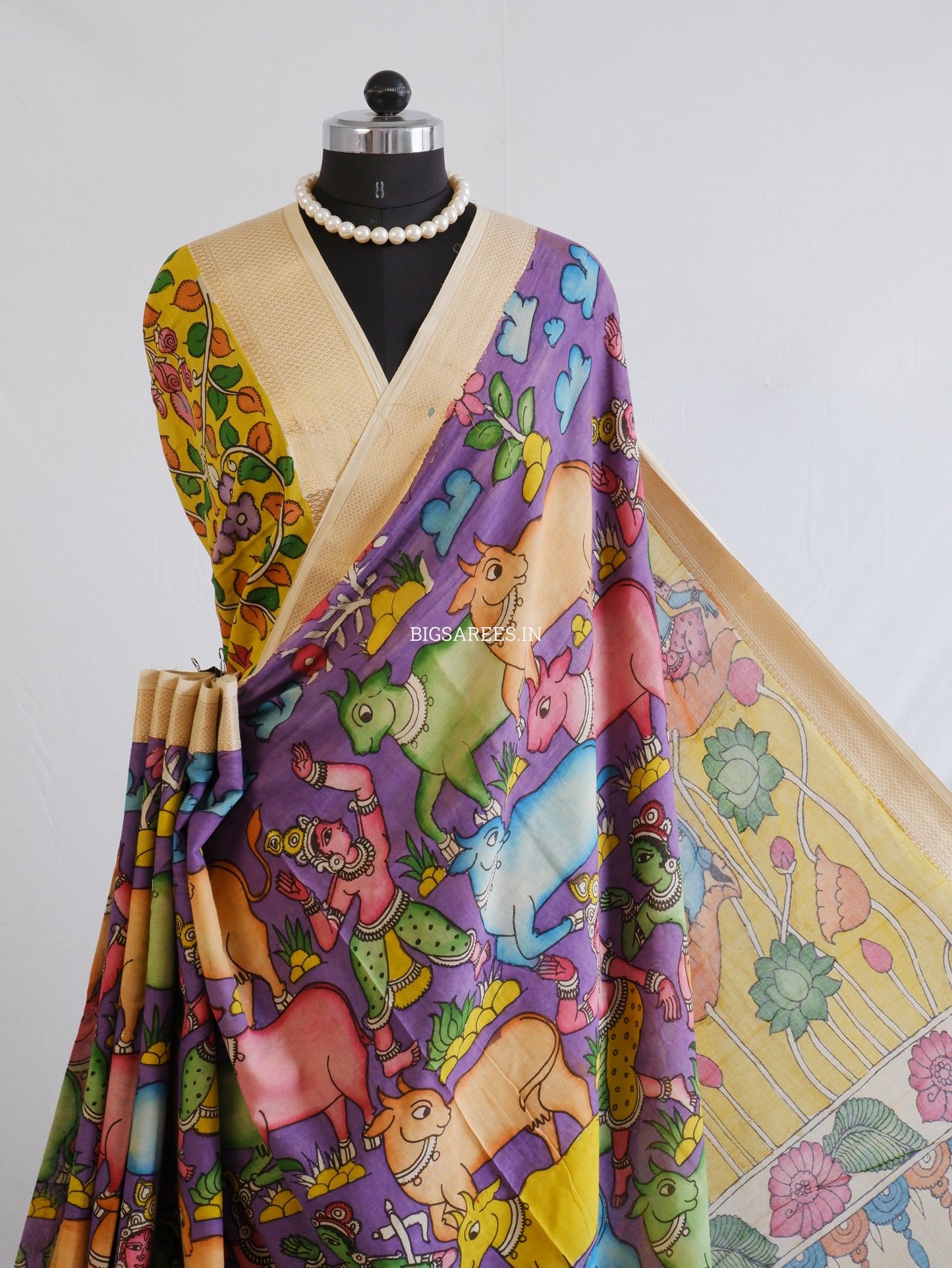 Pen Kalamkari Cotton Saree with Running Blouse | Hand-Painted | Violet