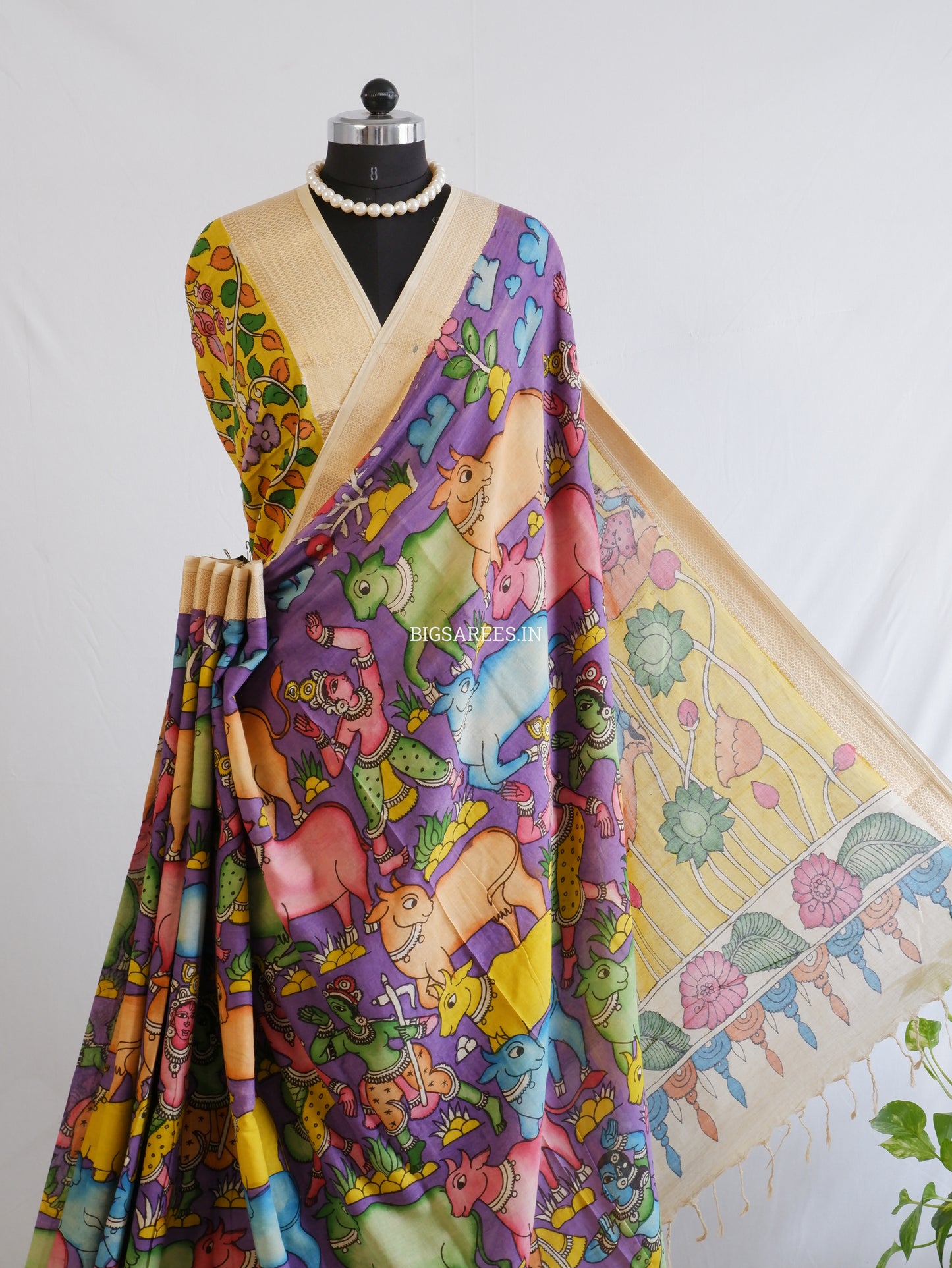 Pen Kalamkari Cotton Saree with Running Blouse | Hand-Painted | Violet