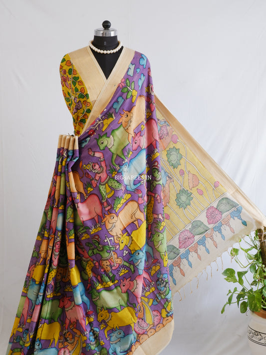 Pen Kalamkari Cotton Saree with Running Blouse | Hand-Painted | Violet