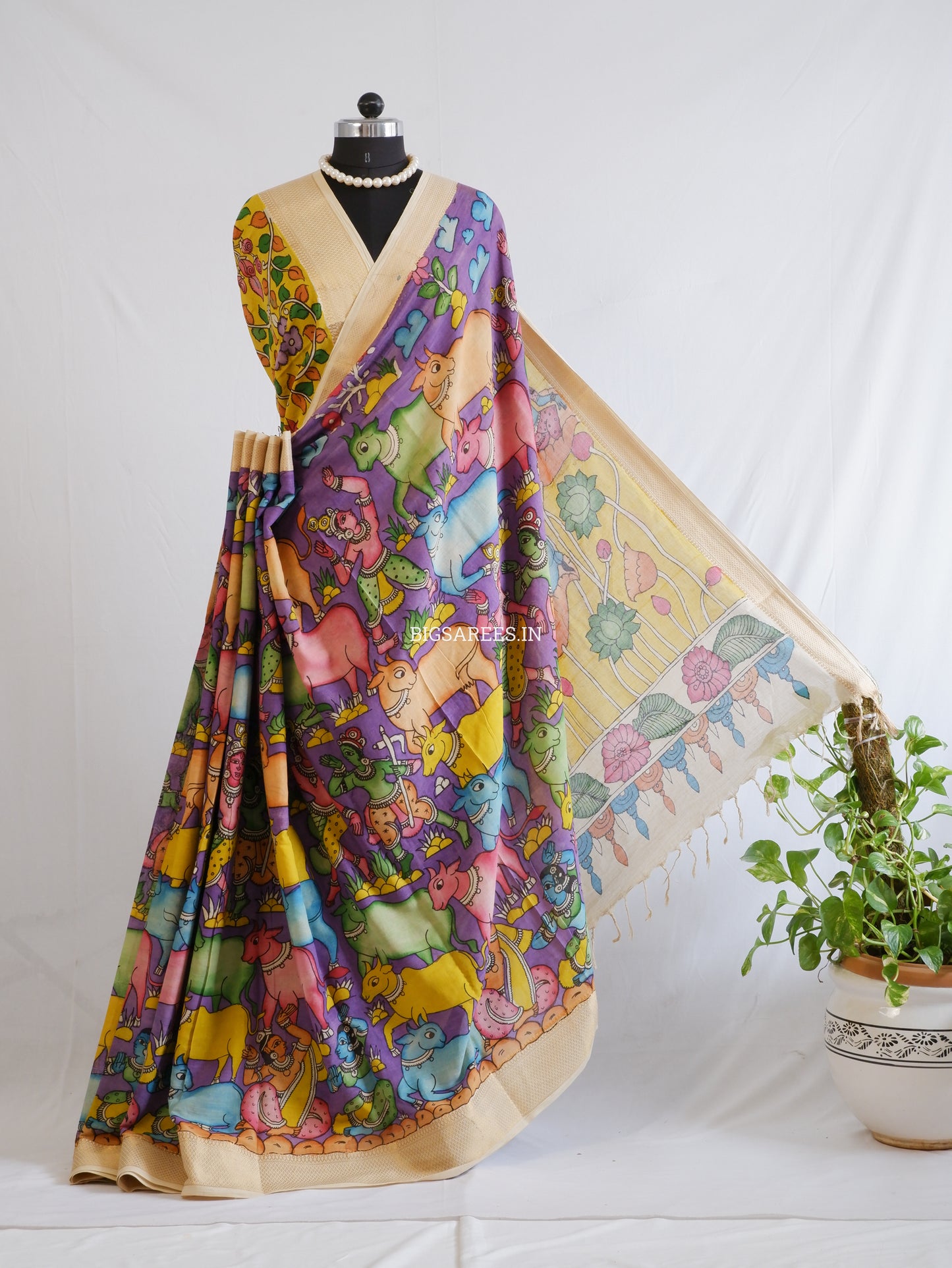 Pen Kalamkari Cotton Saree with Running Blouse | Hand-Painted | Violet