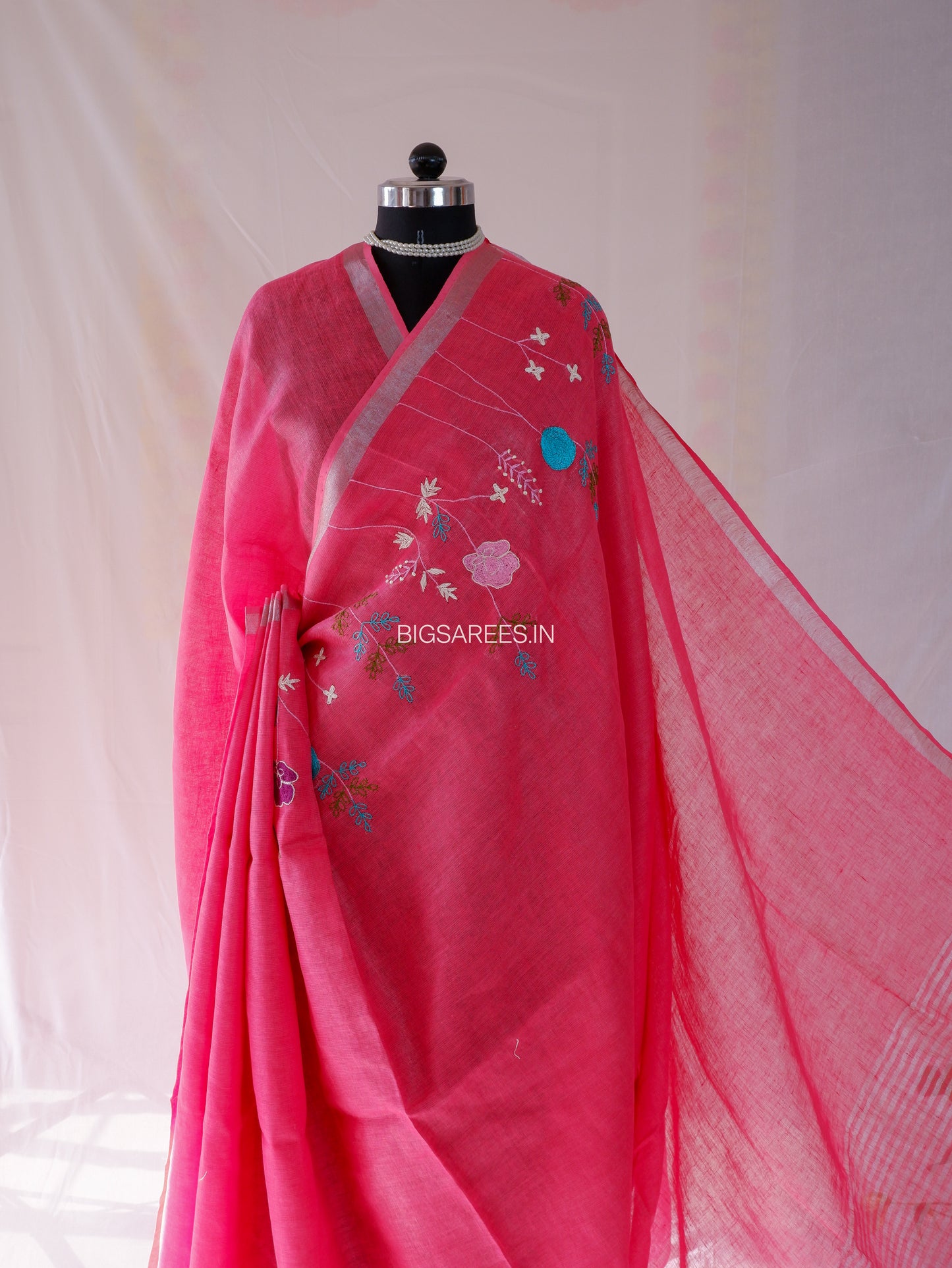 Hand-Embroidered Linen Saree | Linen by Linen | Pink