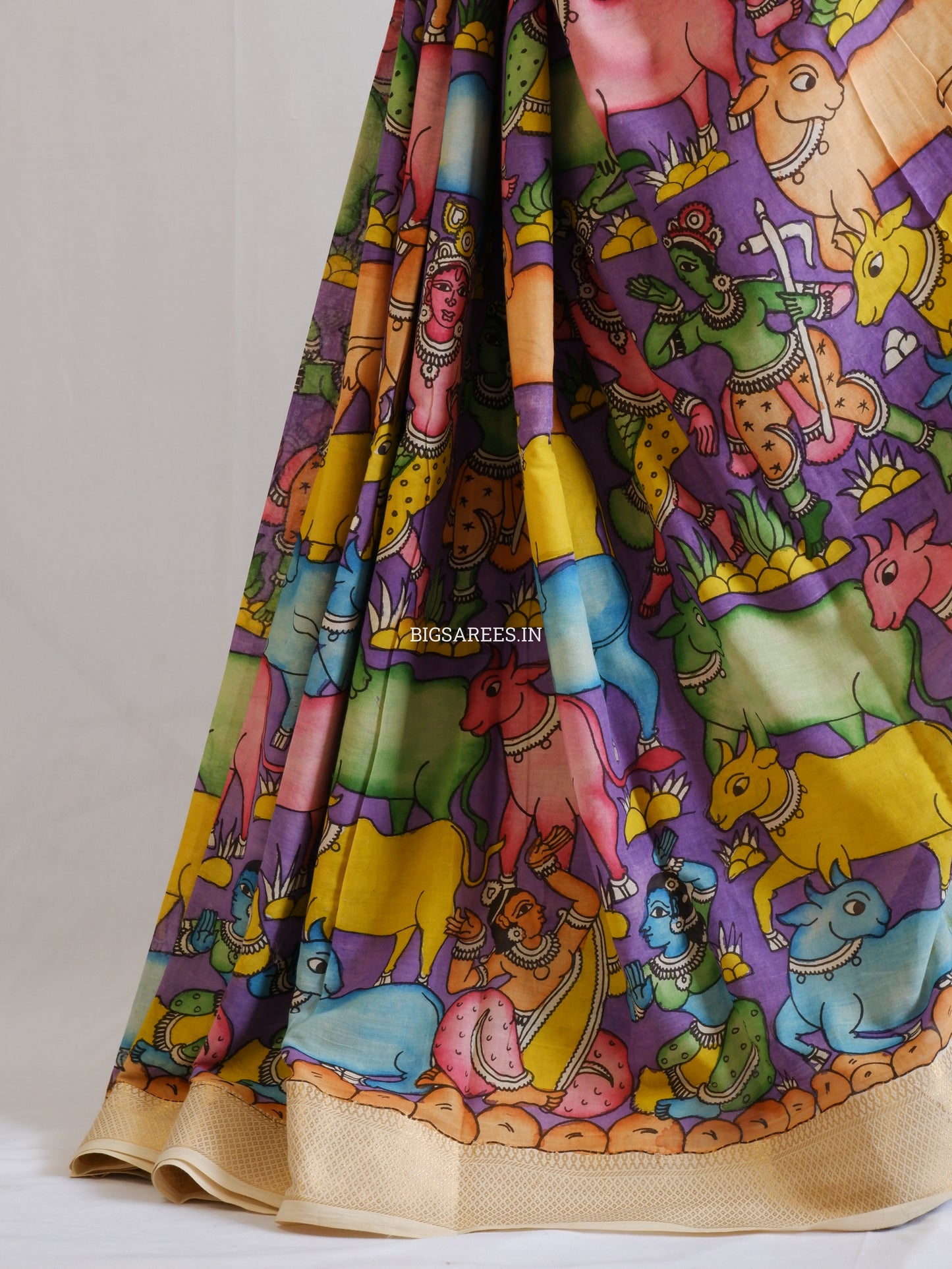 Pen Kalamkari Cotton Saree with Running Blouse | Hand-Painted | Violet