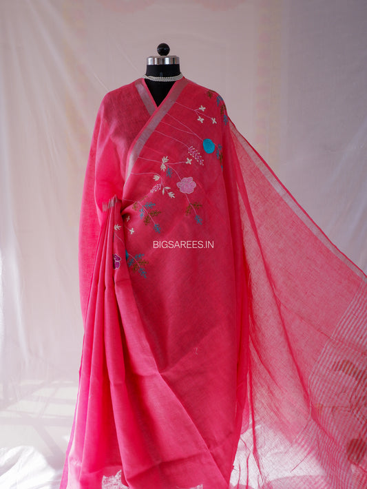Hand-Embroidered Linen Saree | Linen by Linen | Pink