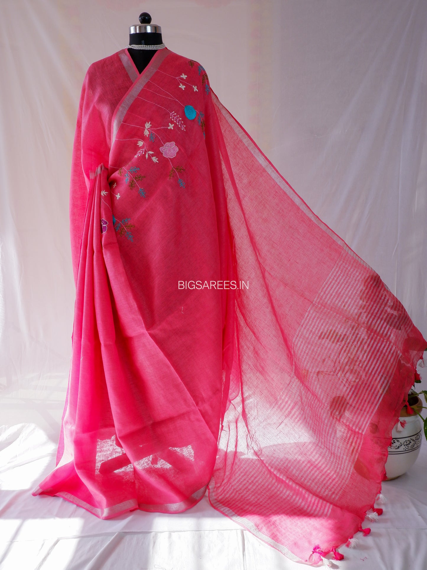 Hand-Embroidered Linen Saree | Linen by Linen | Pink
