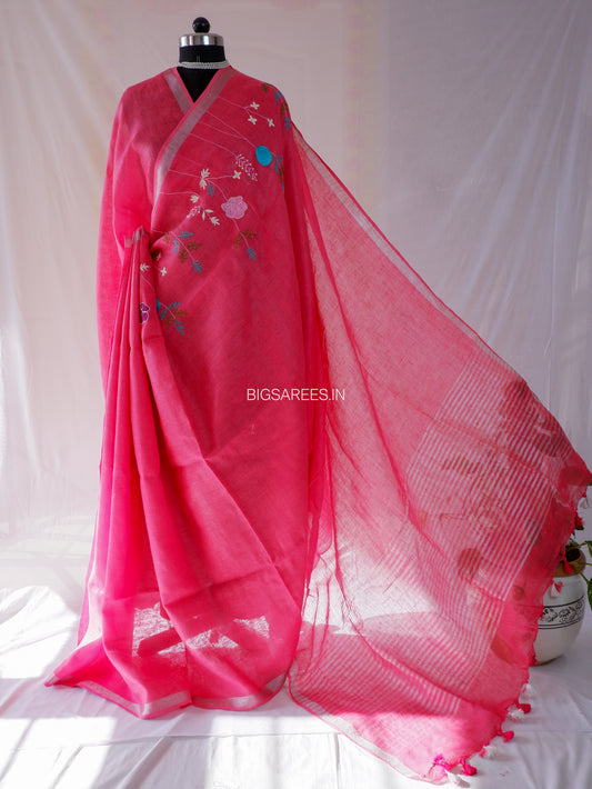 Hand-Embroidered Linen Saree | Linen by Linen | Pink