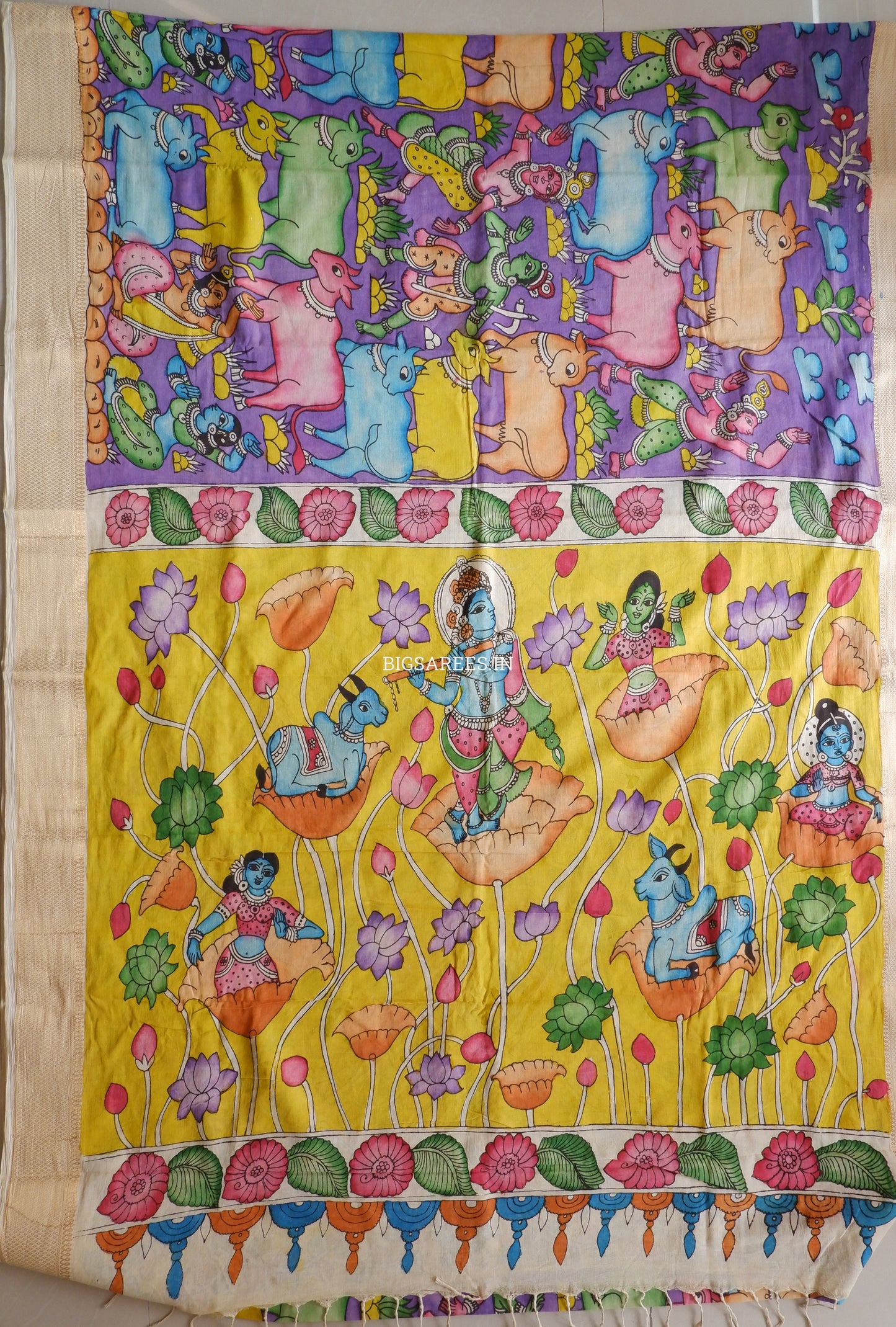 Pen Kalamkari Cotton Saree with Running Blouse | Hand-Painted | Violet