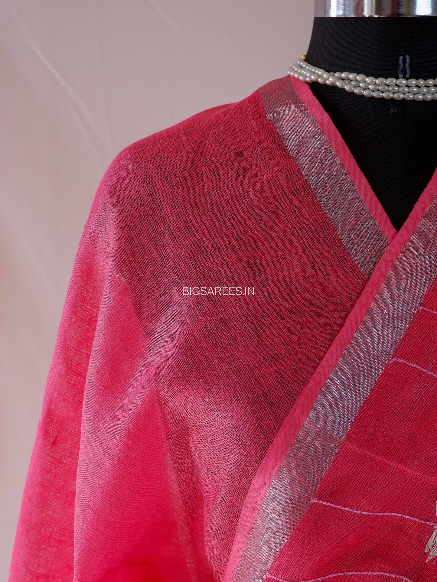 Hand-Embroidered Linen Saree | Linen by Linen | Pink